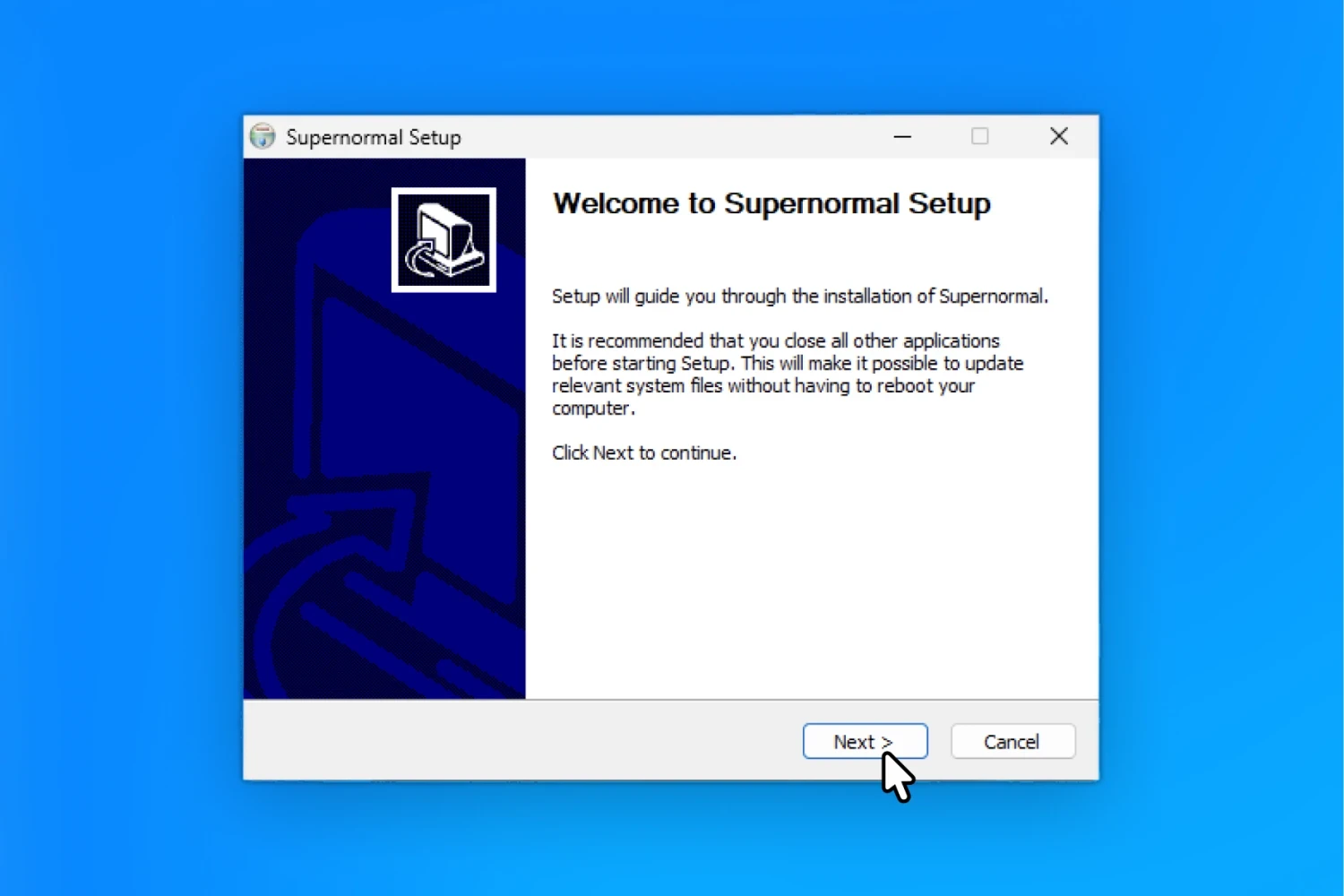 Supernormal Desktop App onboarding flow showing sign-in, calendar connection, audio permission setup, language selection, and quick setup steps.
