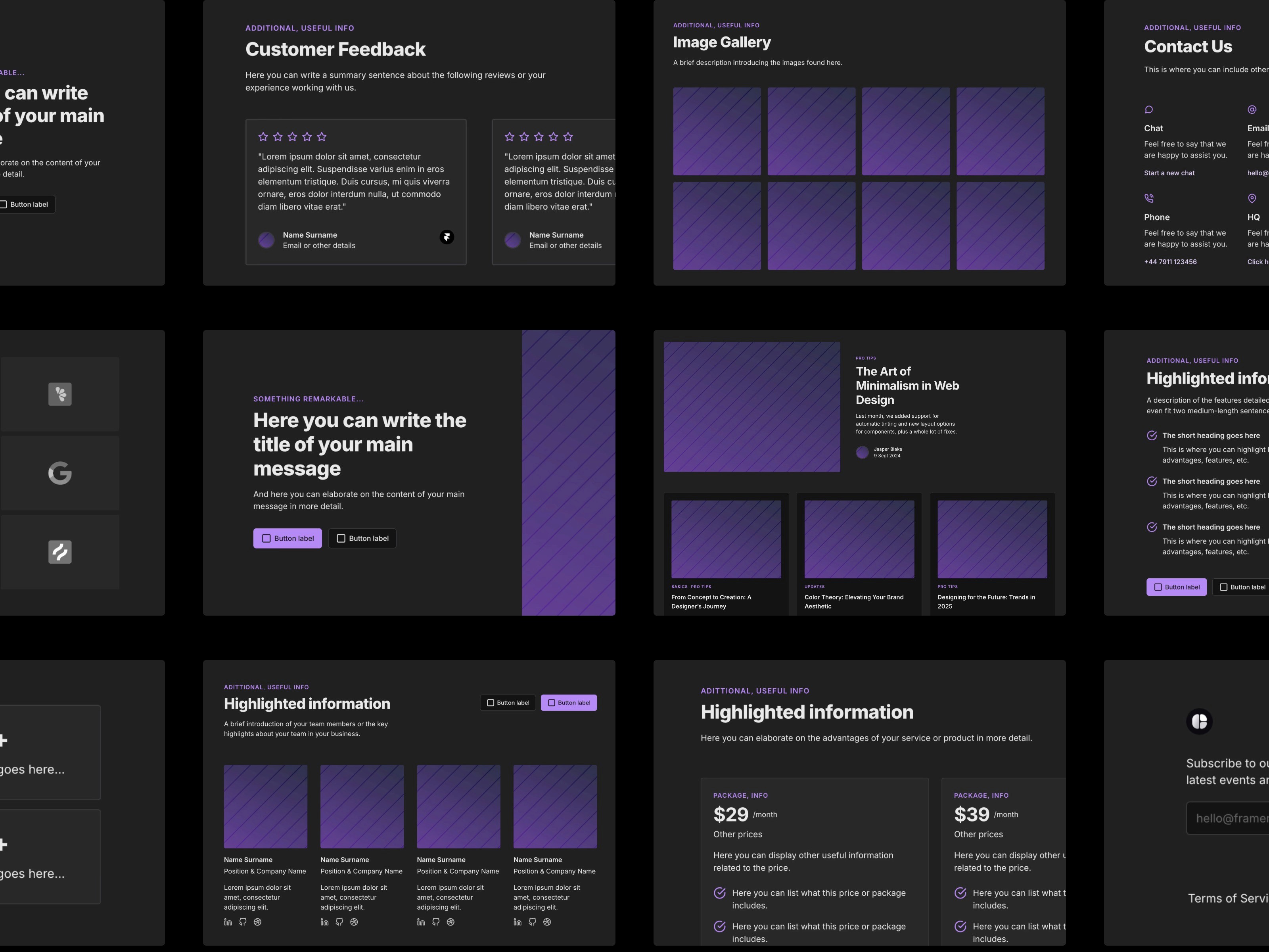 A showcase of the Simple Frames UI kit, displaying various components and templates for Framer, arranged in a grid layout.