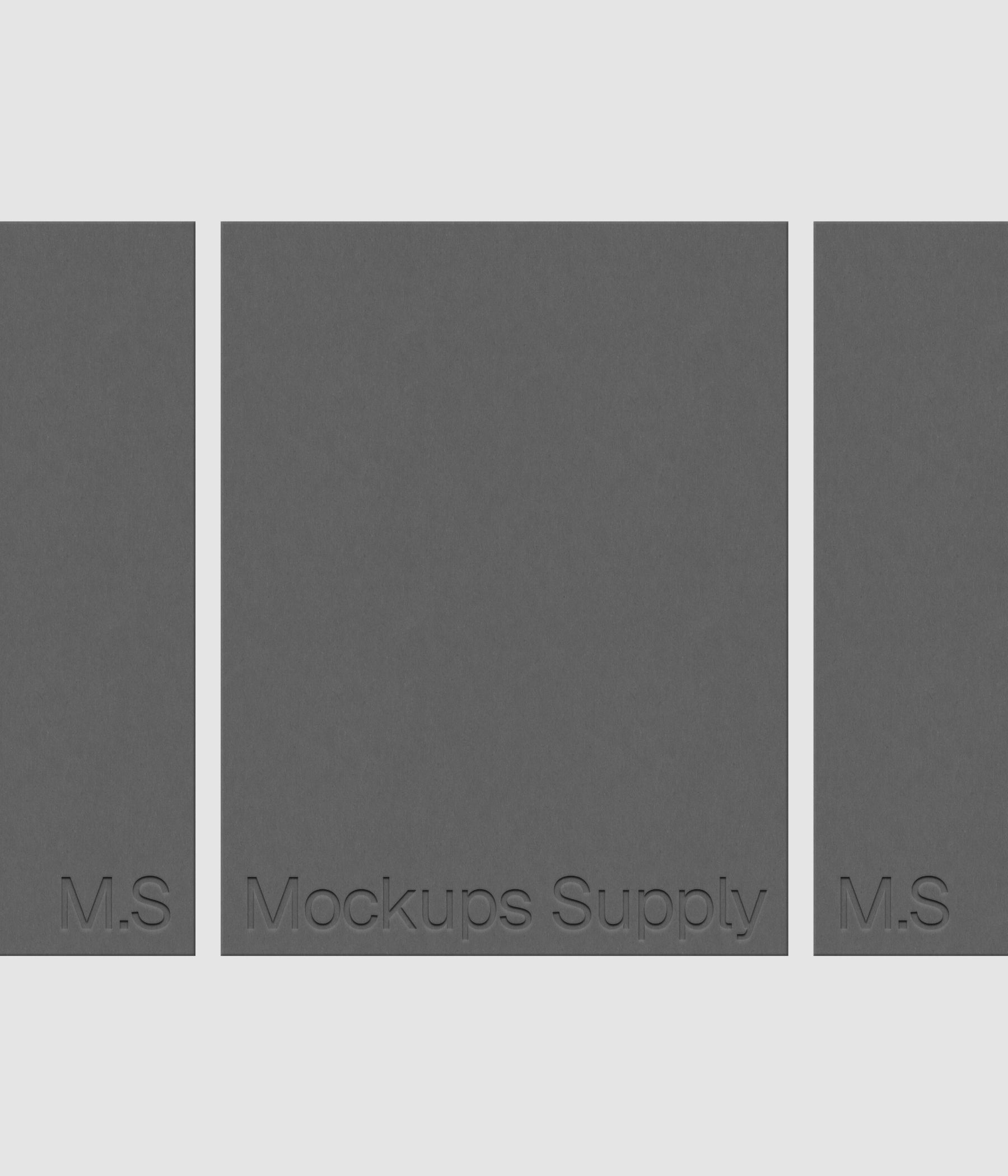 Three US Letter paper mockup PSD portrait with debossed logo effect, gray papers on white background, clean modern stationery mockup for print design and brand identity