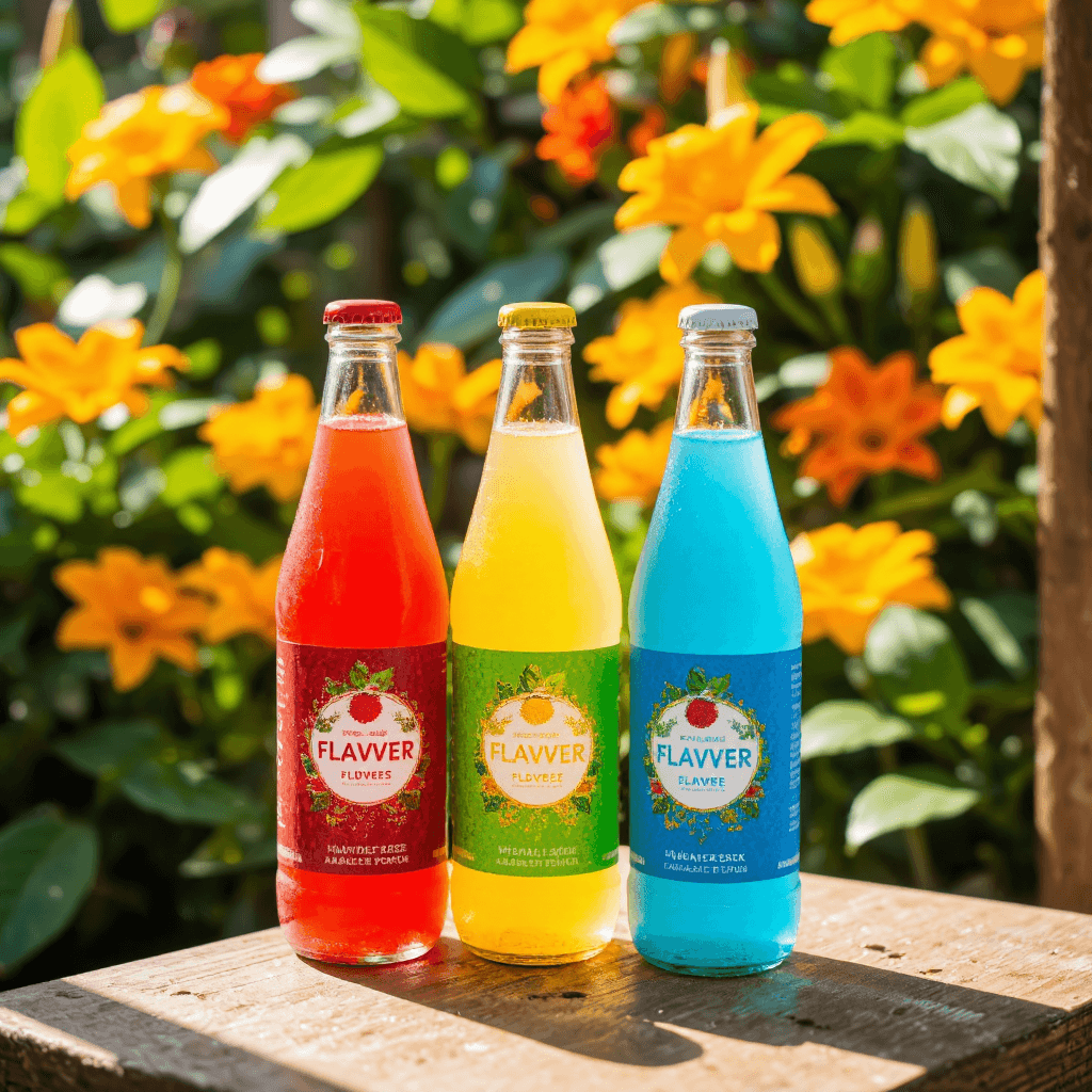 product photography of a set of flavored soft drink bottles
