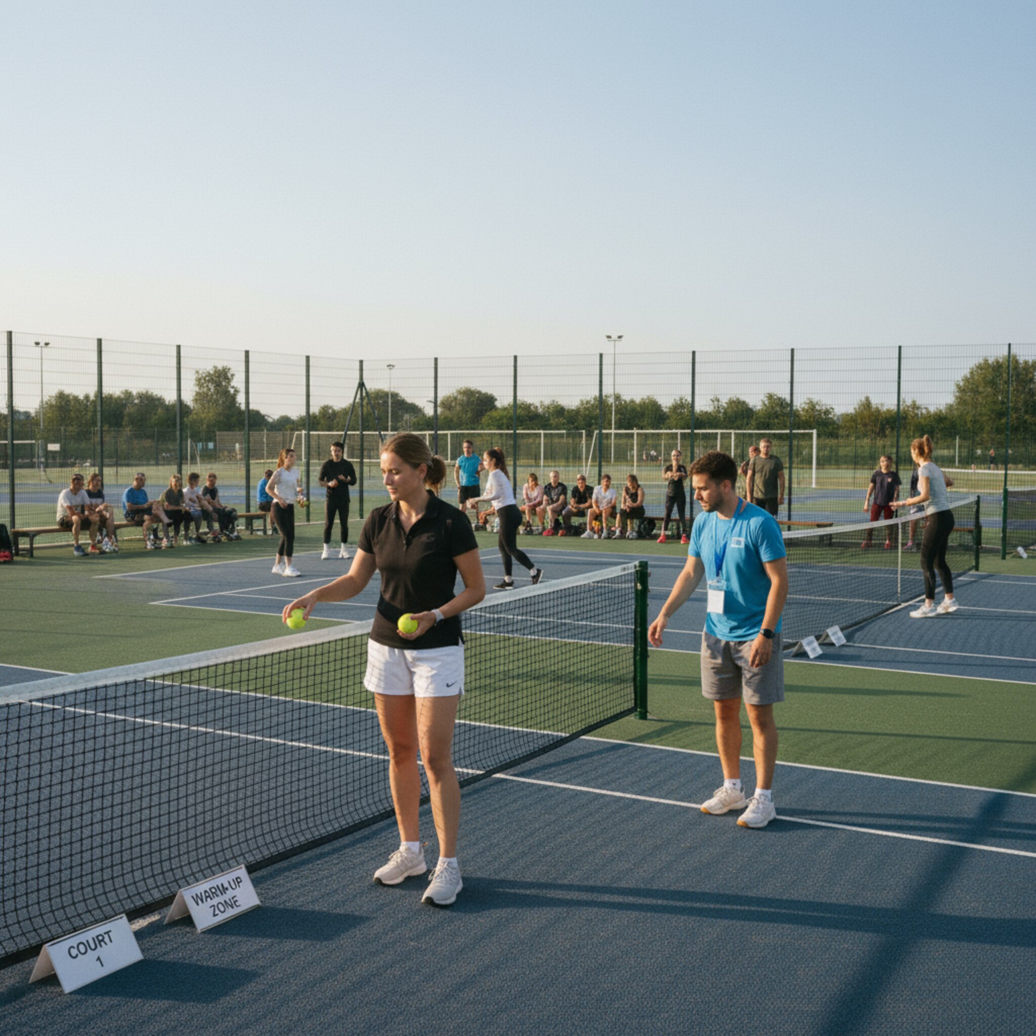 Ein weitläufiges Sportareal mit mehreren Courts und gepflegten Linien. Teams wärmen sich auf, eine Schiedsrichterin klopft den Ball und prüft das Netz. Ein Freiwilliger stellt Feldschilder um, während im Hintergrund eine Gruppe auf ihren Einsatz wartet und die Sonne lange Schatten wirft.
