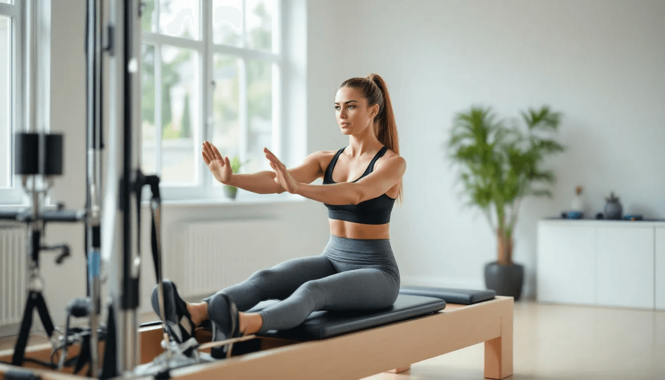 A woman is engaged in pilates exercises on a reformer machine in a bright studio, focusing on her body alignment and core strength. This full body workout emphasizes controlled movements to enhance muscle tone and improve overall physical fitness.