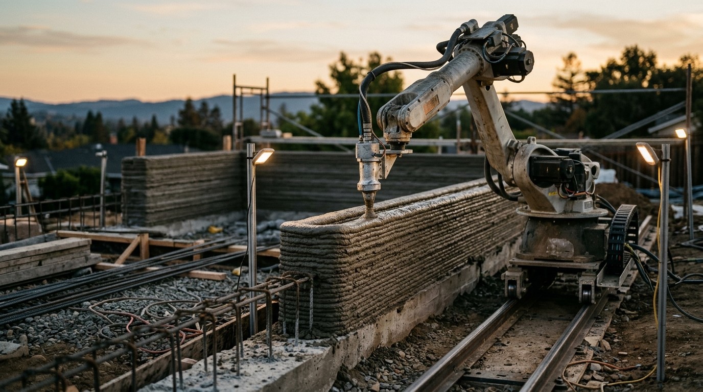 robotic arm 3D printing concrete wall construction site dusk