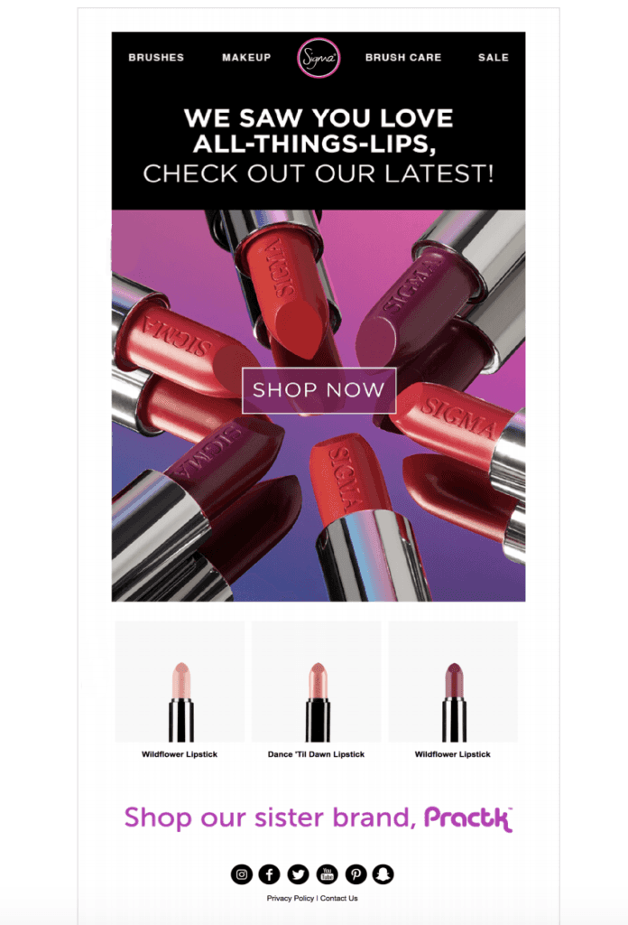 Sigma Beauty browse abandonment email focusing on lipsticks, highlighting recently browsed items, and a Shop Now call-to-action to convert customers