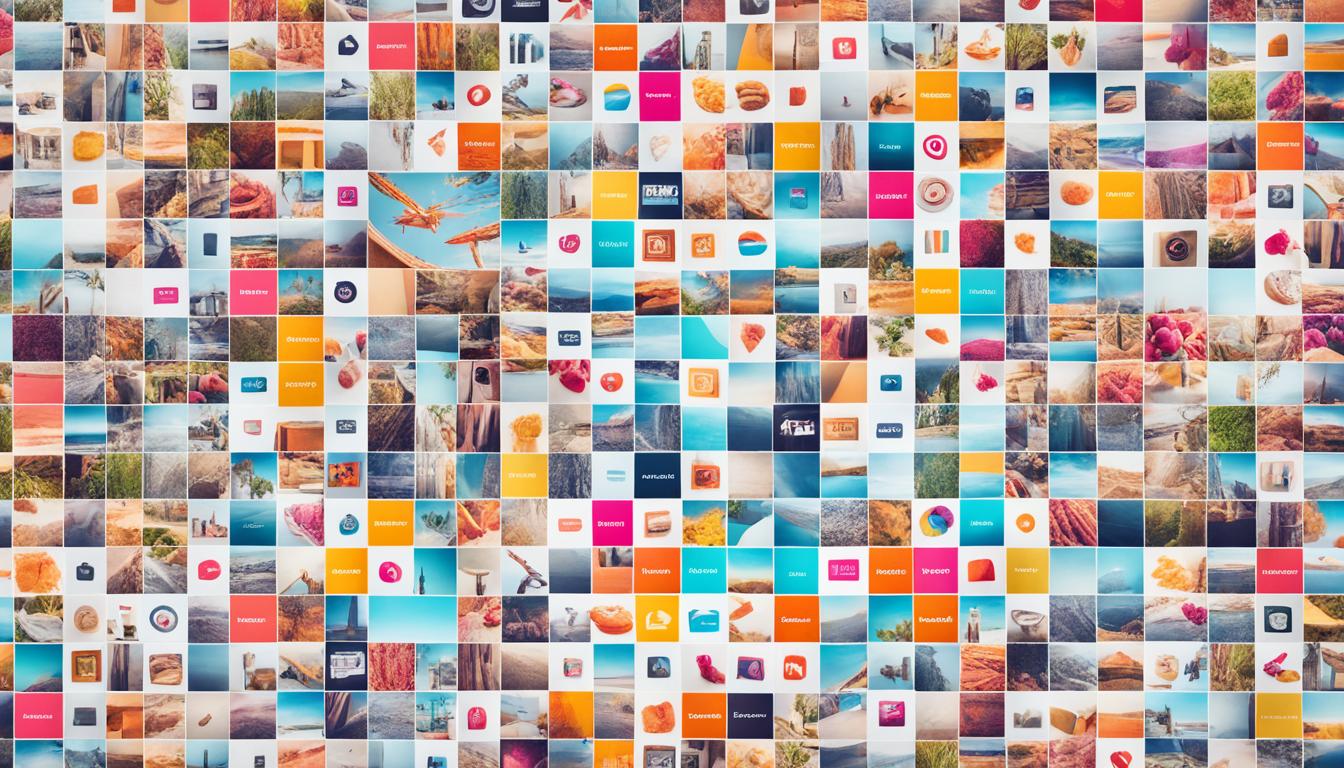 A vibrant collage of colorful Instagram squares with different branded hashtags featured prominently in each square. Each hashtag is surrounded by relevant images, such as products, locations, or people. The overall image exudes a sense of excitement and engagement, inviting viewers to join the conversation and participate in the campaigns.