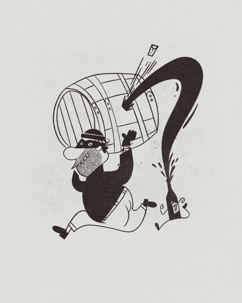 Playful black-and-white illustration of a man stealing wine from a barrel — part of the Vaskapu label artwork created by Marcell Kazsik, referencing Hungarian folklore with a humorous visual twist.