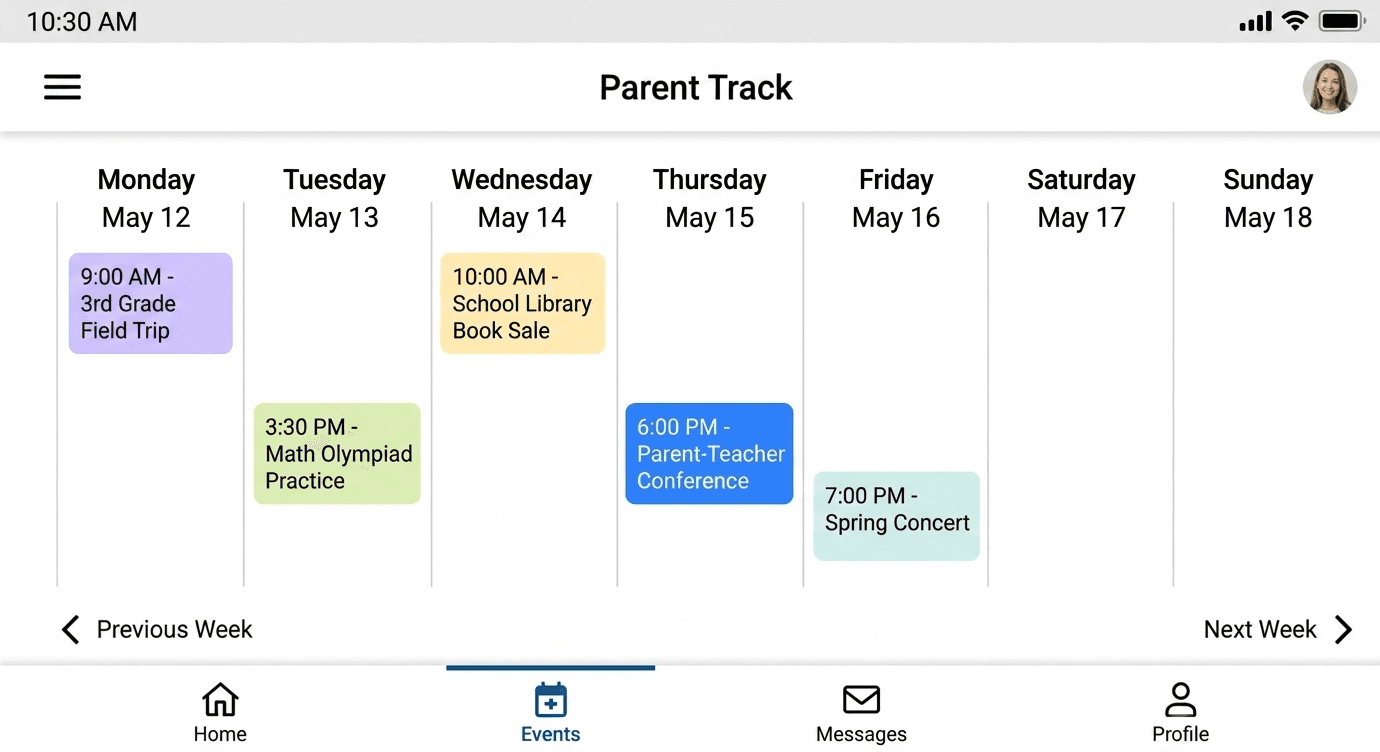 Photo of parents volunteering at a donation drive at school and using Parent Track to receive event notifications and updates