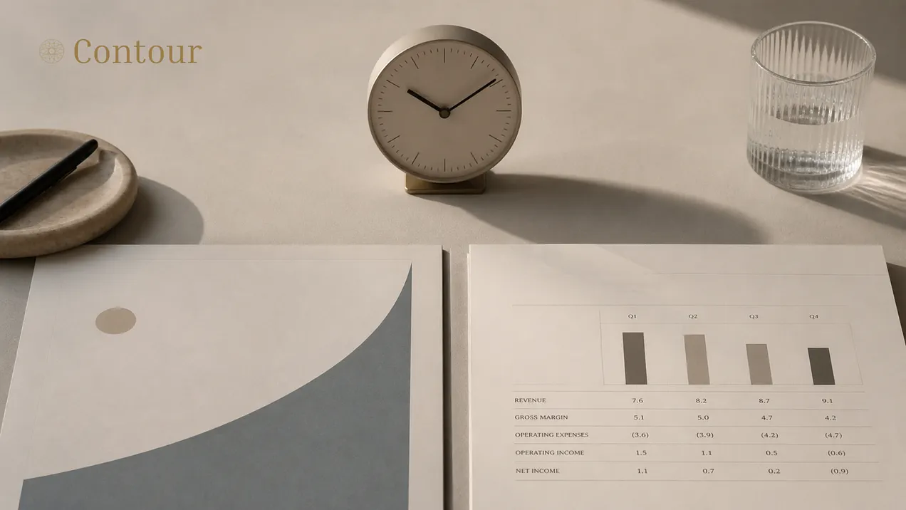 An analogue desk clock stands between a growth-curve illustration and a financial table, with a water glass, pen and the Contour Magazine wordmark.