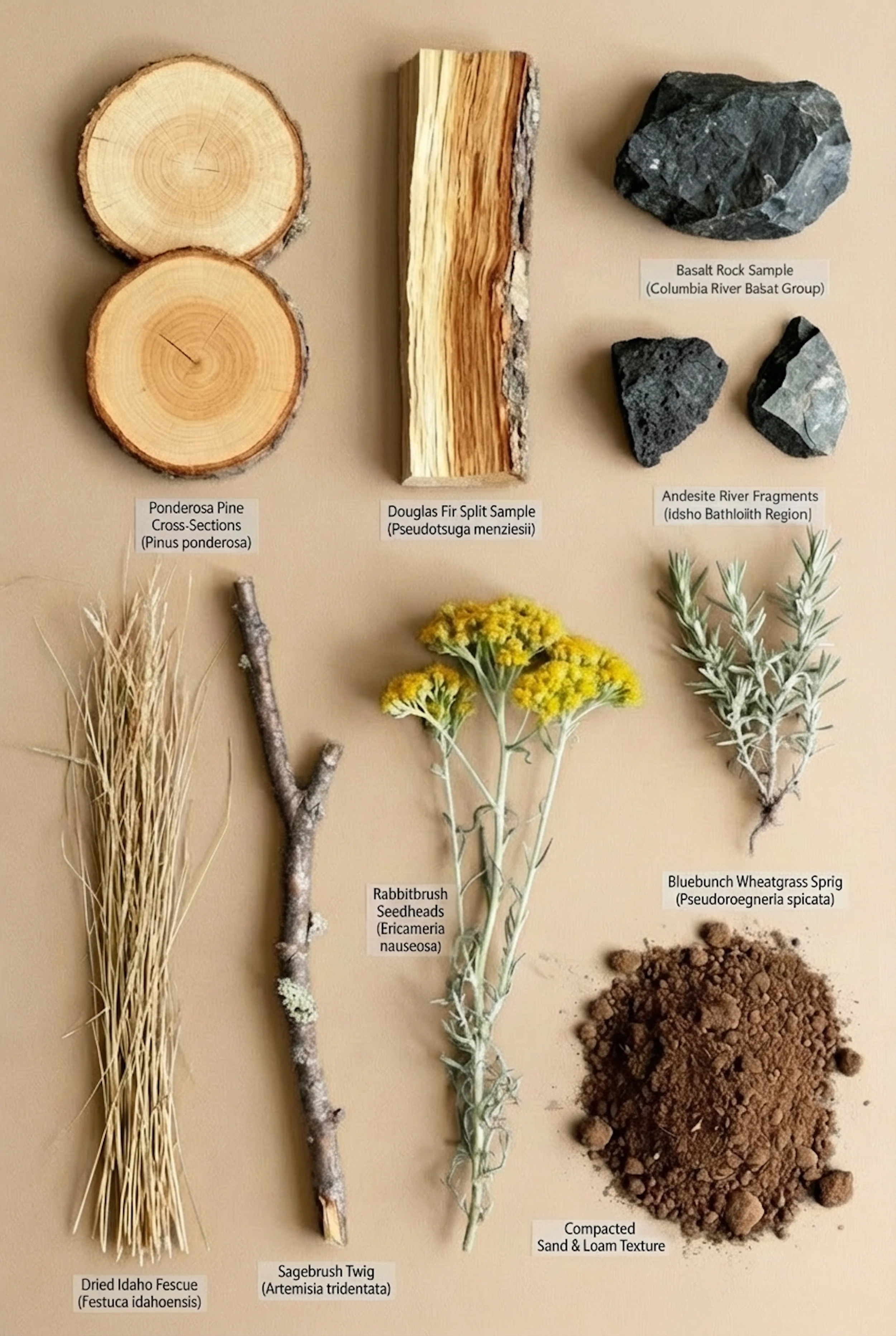 A collection of natural material samples—wood, bark, soil, stone, and grasses—arranged in a grid on a neutral backdrop.
