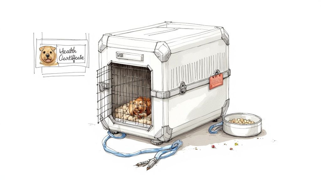 Dog travel crate with health certificate, leash, and food bowl for air transport