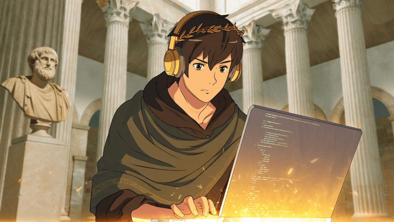 Student using a laptop with code on screen, looking focused and calm