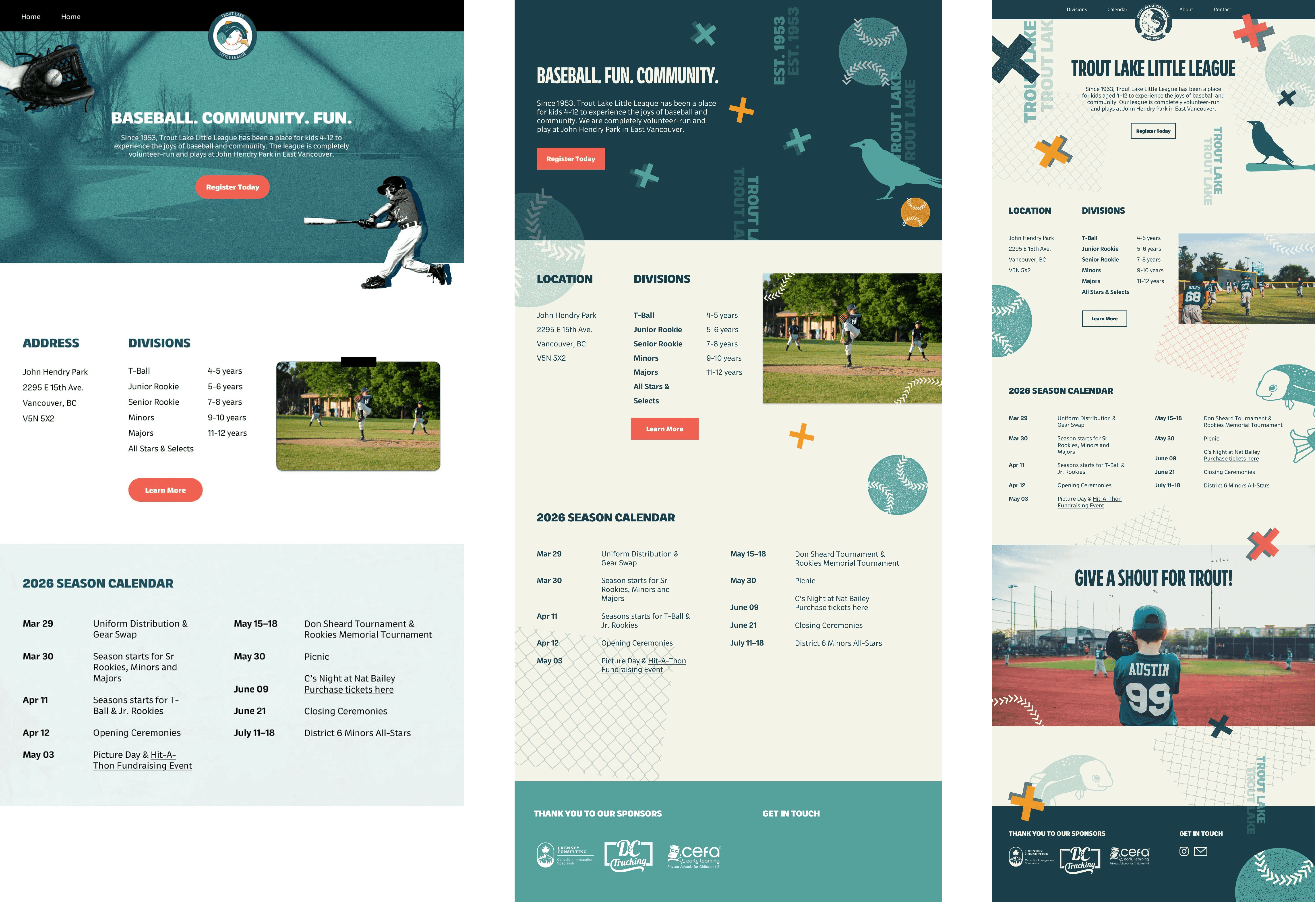 3 iterations of the website. The first has a red and turquoise colour scheme, the second iteration incorporates orange and cream, and the final iteration has a cream background and is heavily decorated with colored graphics.