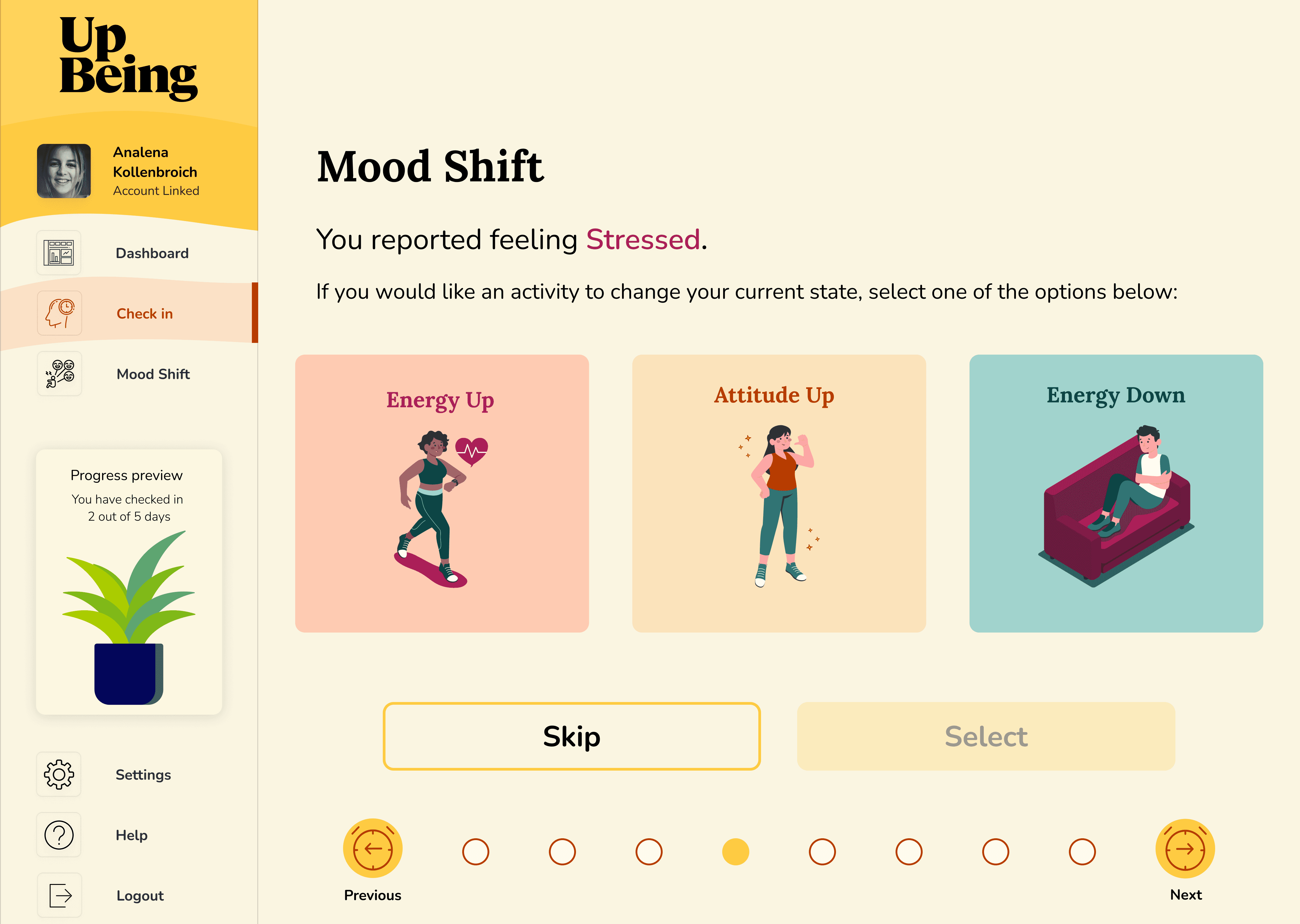 Activity selection screen presenting multiple emotional wellness exercises, including mood shift and grounding options.