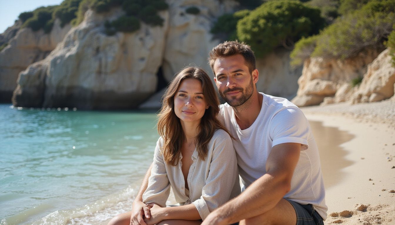 A couple relaxes together on a serene beach by the shore.