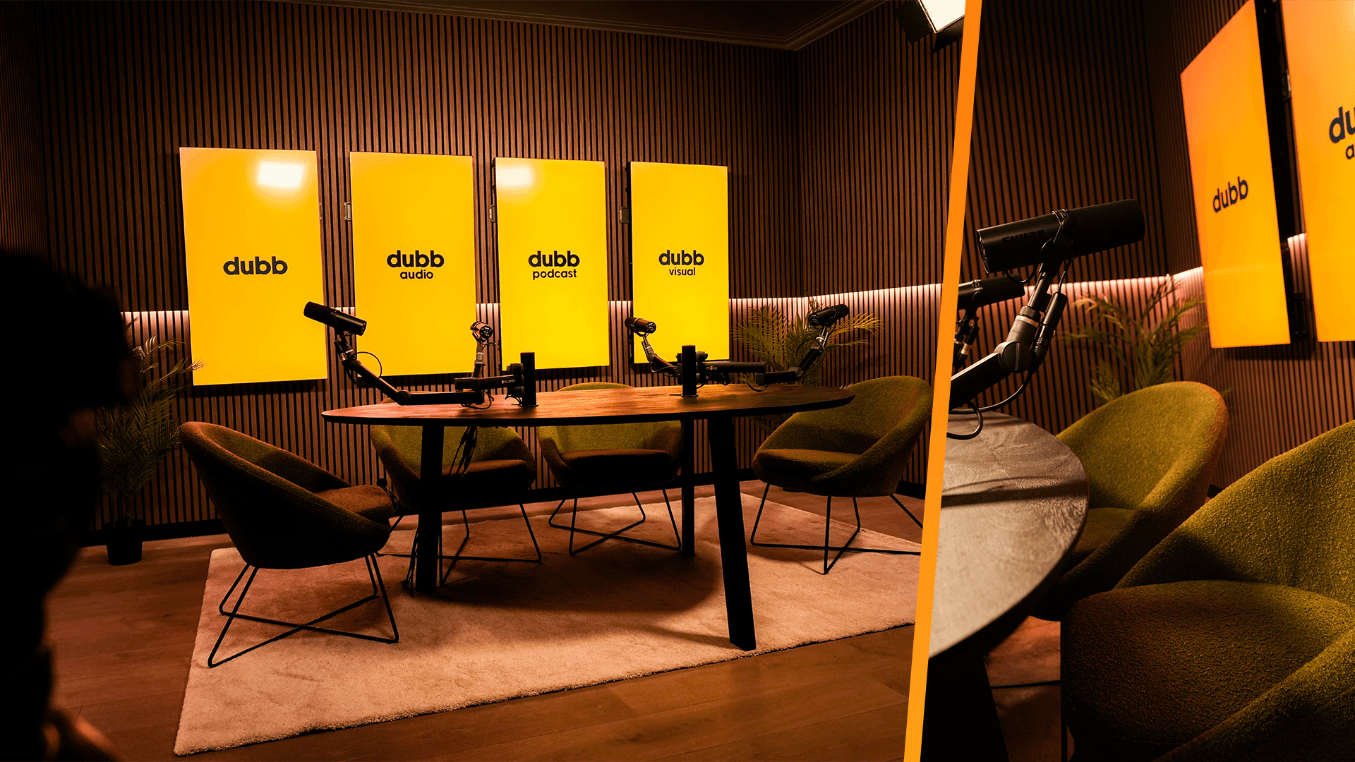 Interieur podcaststudio Dubb Mechelen met Shure microfoons en Sony Camera's