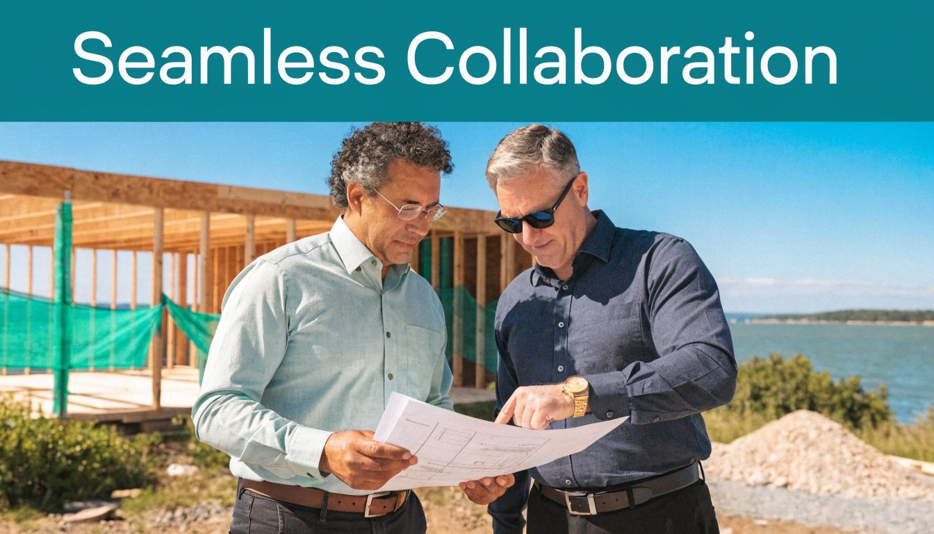 Two male architects examining construction blueprints at an outdoor building site near the water.