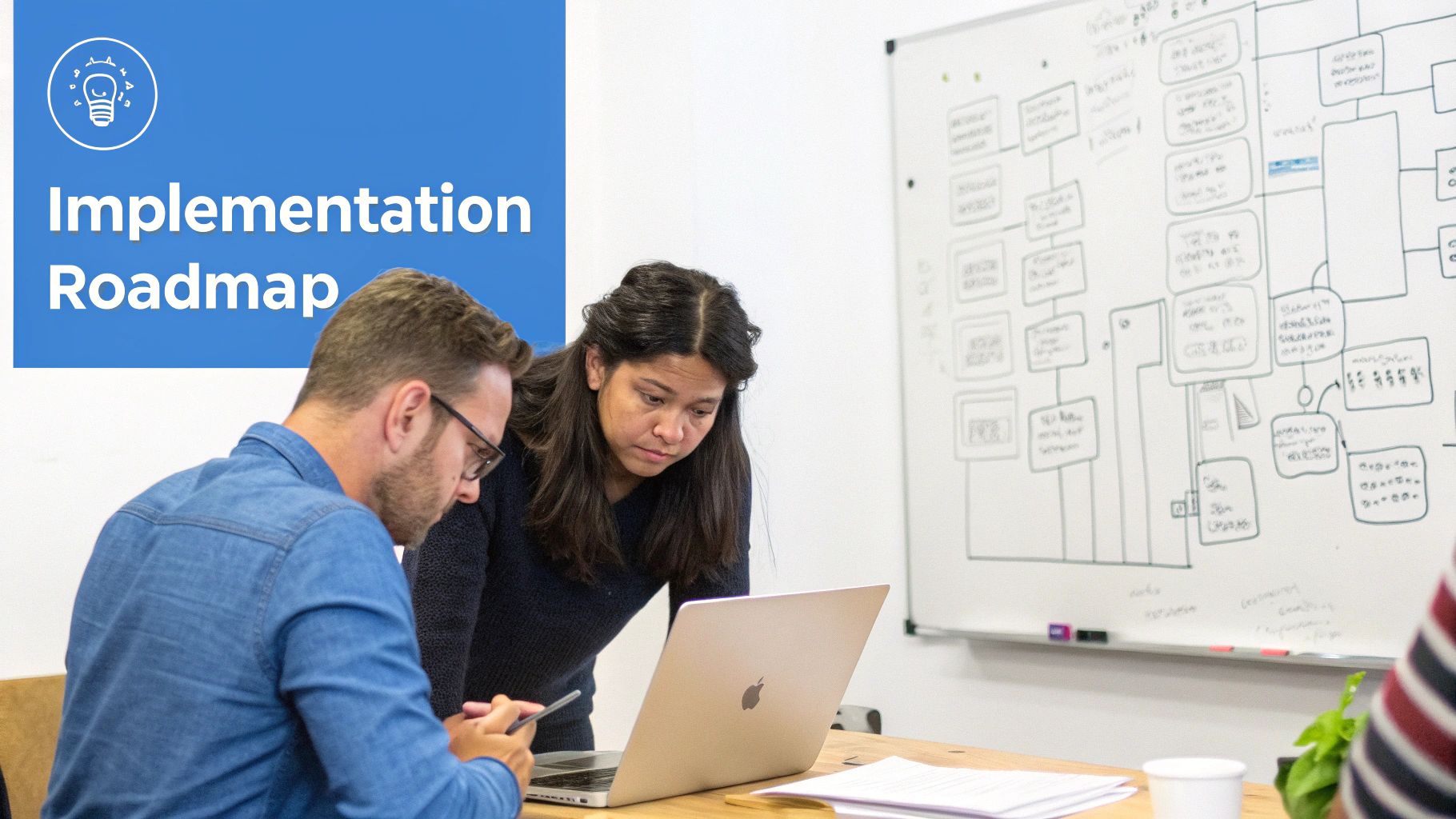 A team collaborating on a whiteboard, sketching out a user interface and data flow.