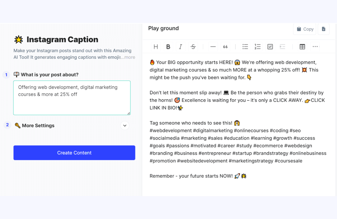 Output from Instagram caption AI tool