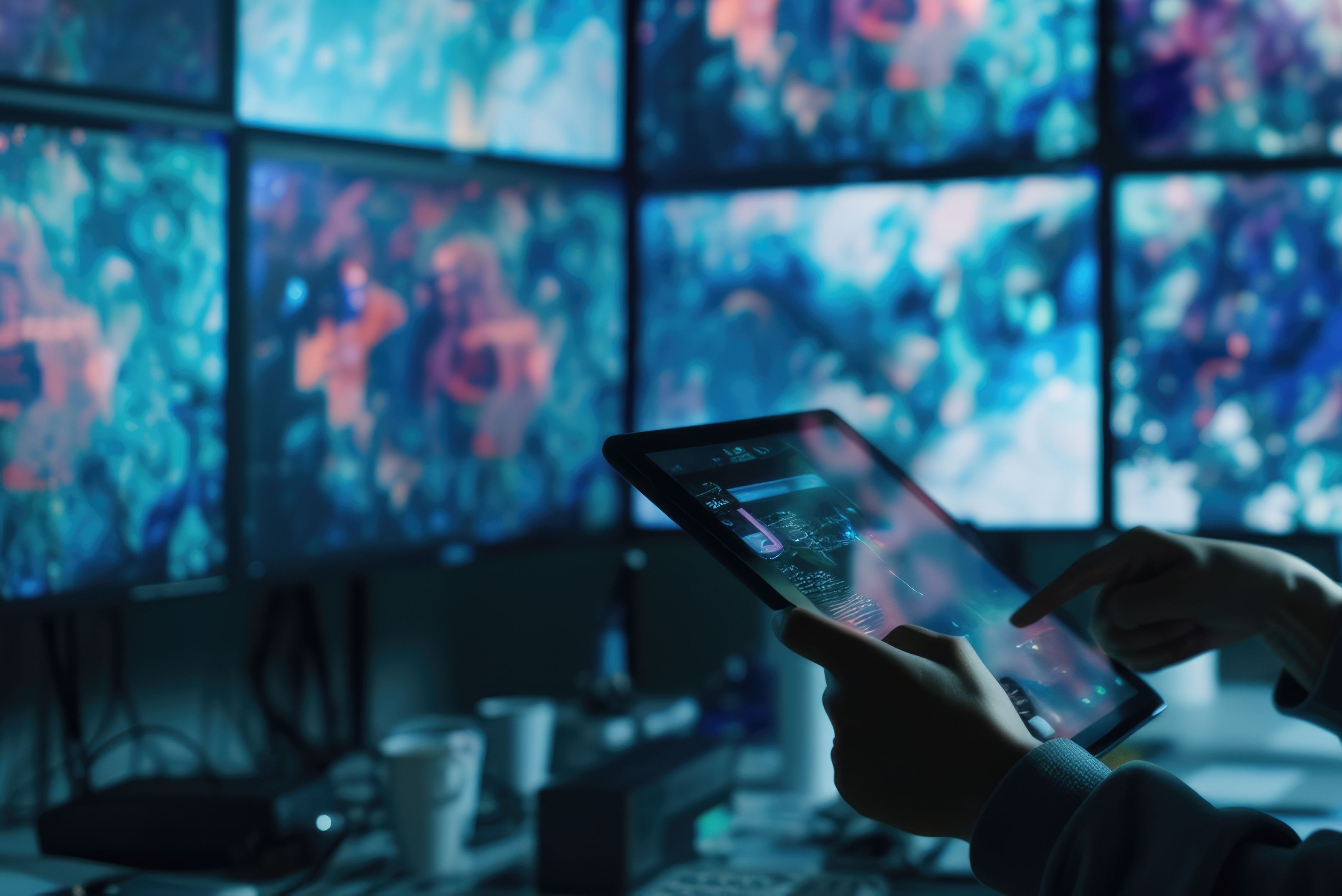 person holdong tablet in front of monitors