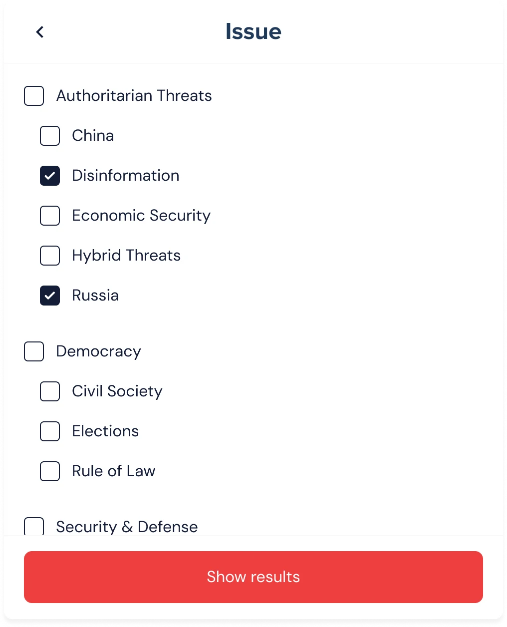 Issue subsection listing parent issues with their tags, Disinformation and Russia ticked