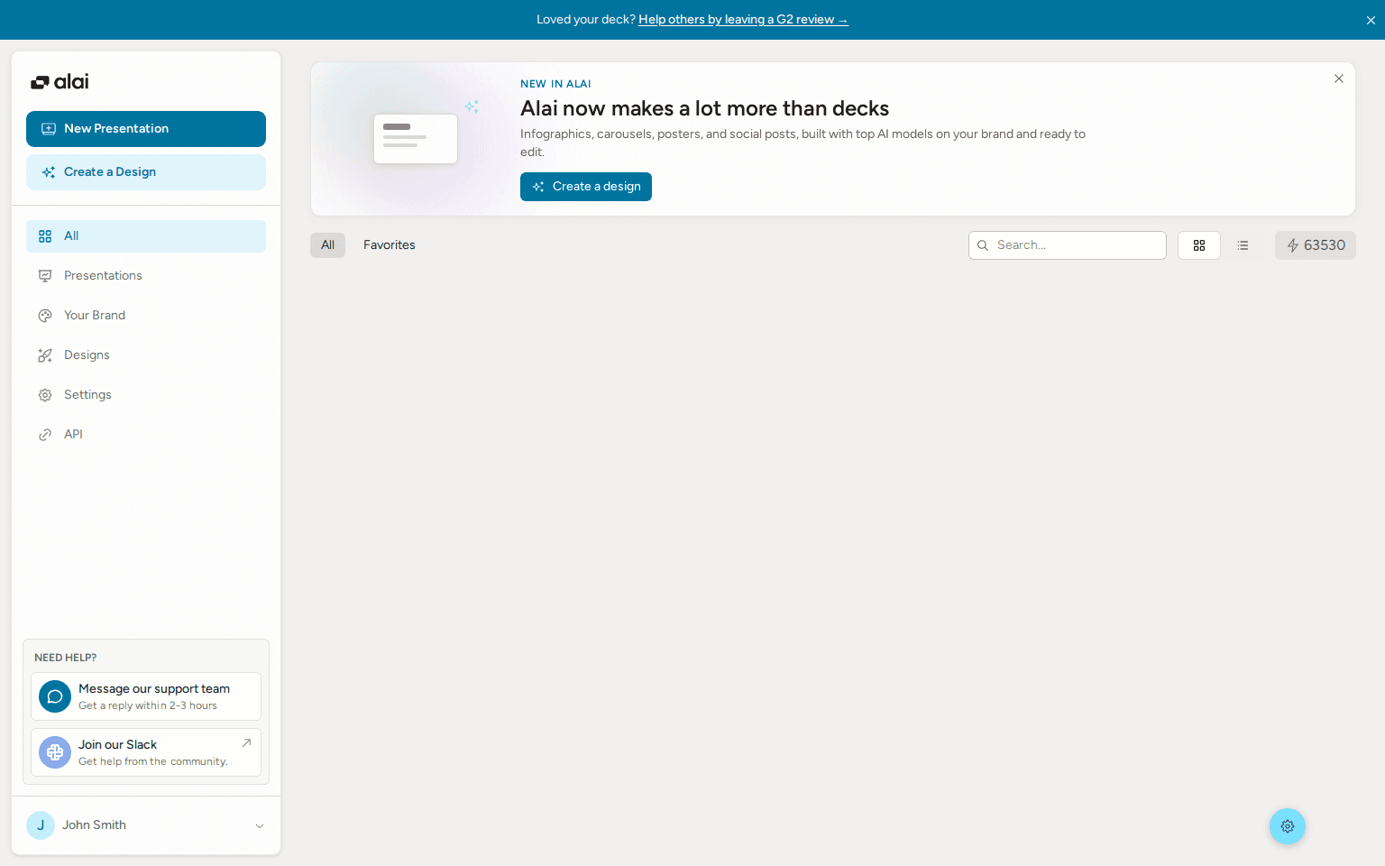 Alai dashboard with New Presentation and Create a Design options