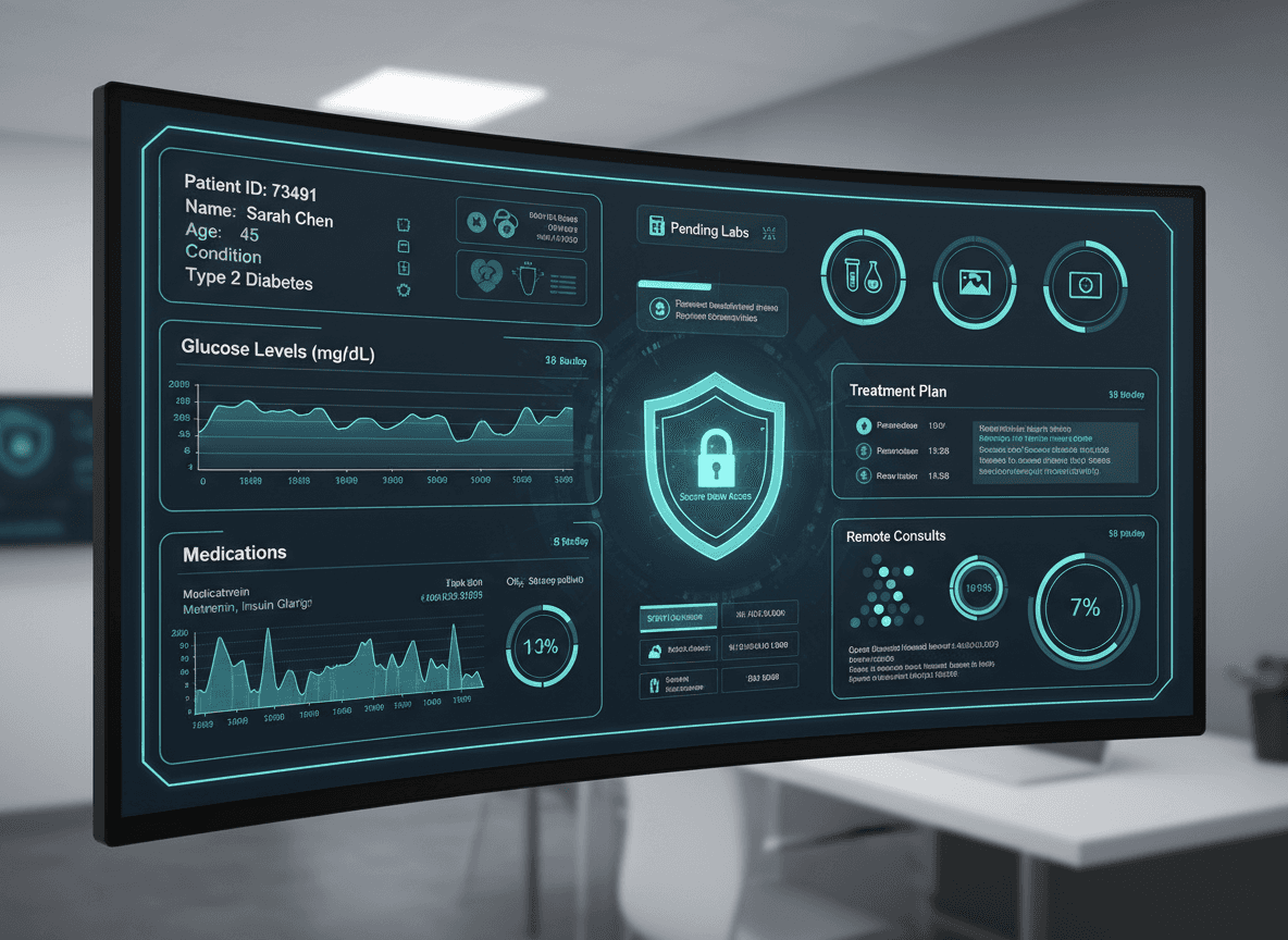 “Modern HealthTech interface dashboard showing patient data panels, clinical workflow widgets, and secure medical UI components.”