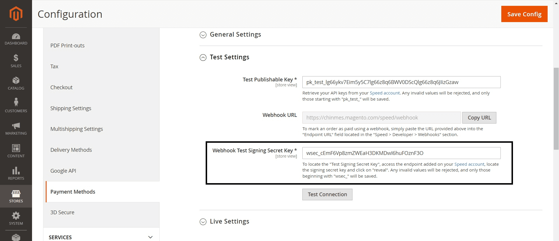 Configuration setting for Webhook test signing secret key - Speed Magento 2 Plugin