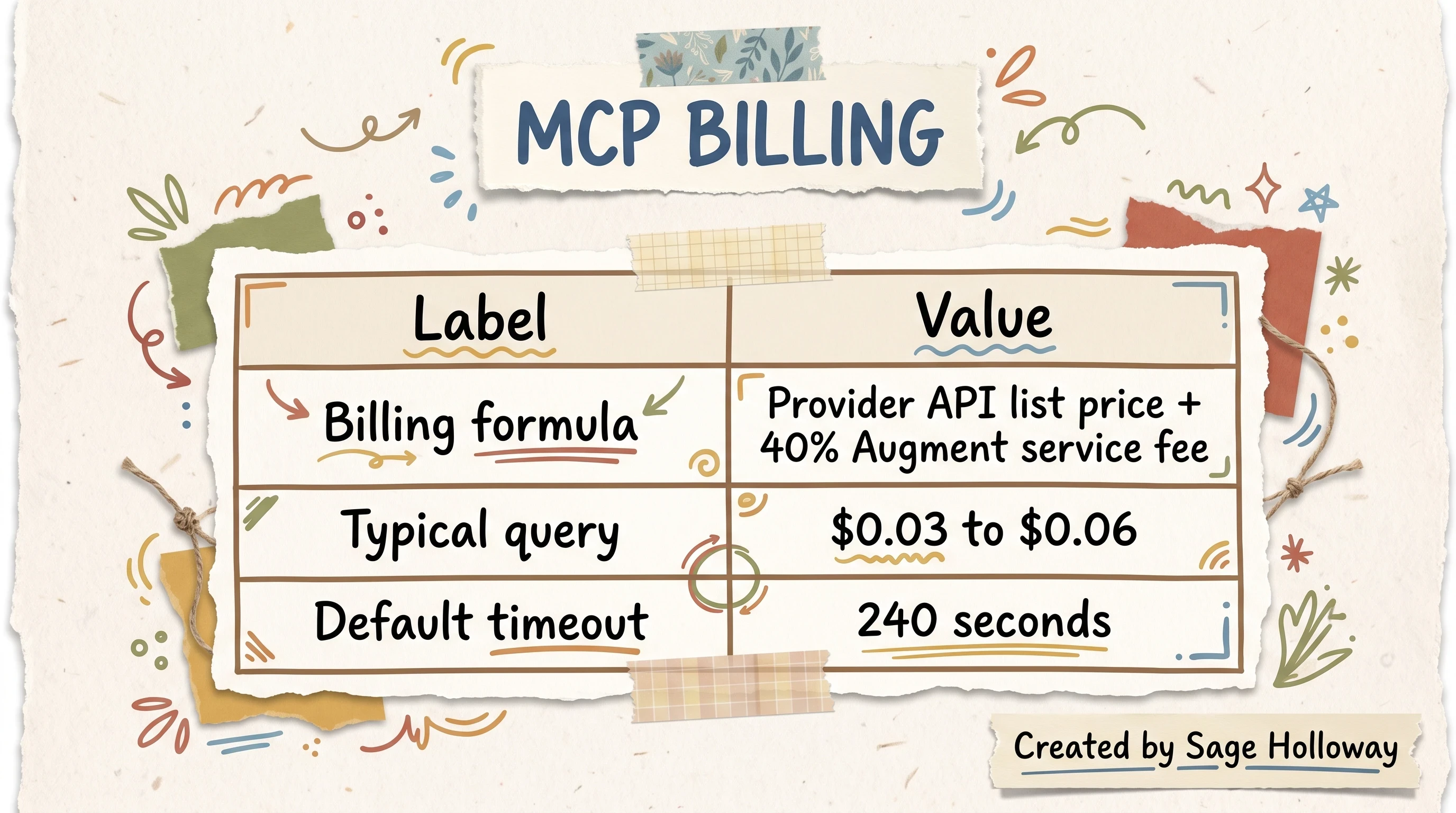 Table of Context Engine MCP billing formula, average query cost band, and default query timeout
