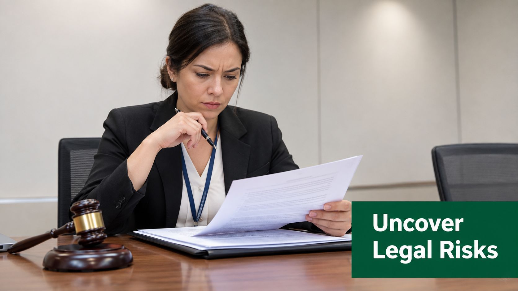 A professional woman in a suit reviewing legal documents at a table with a wooden gavel.