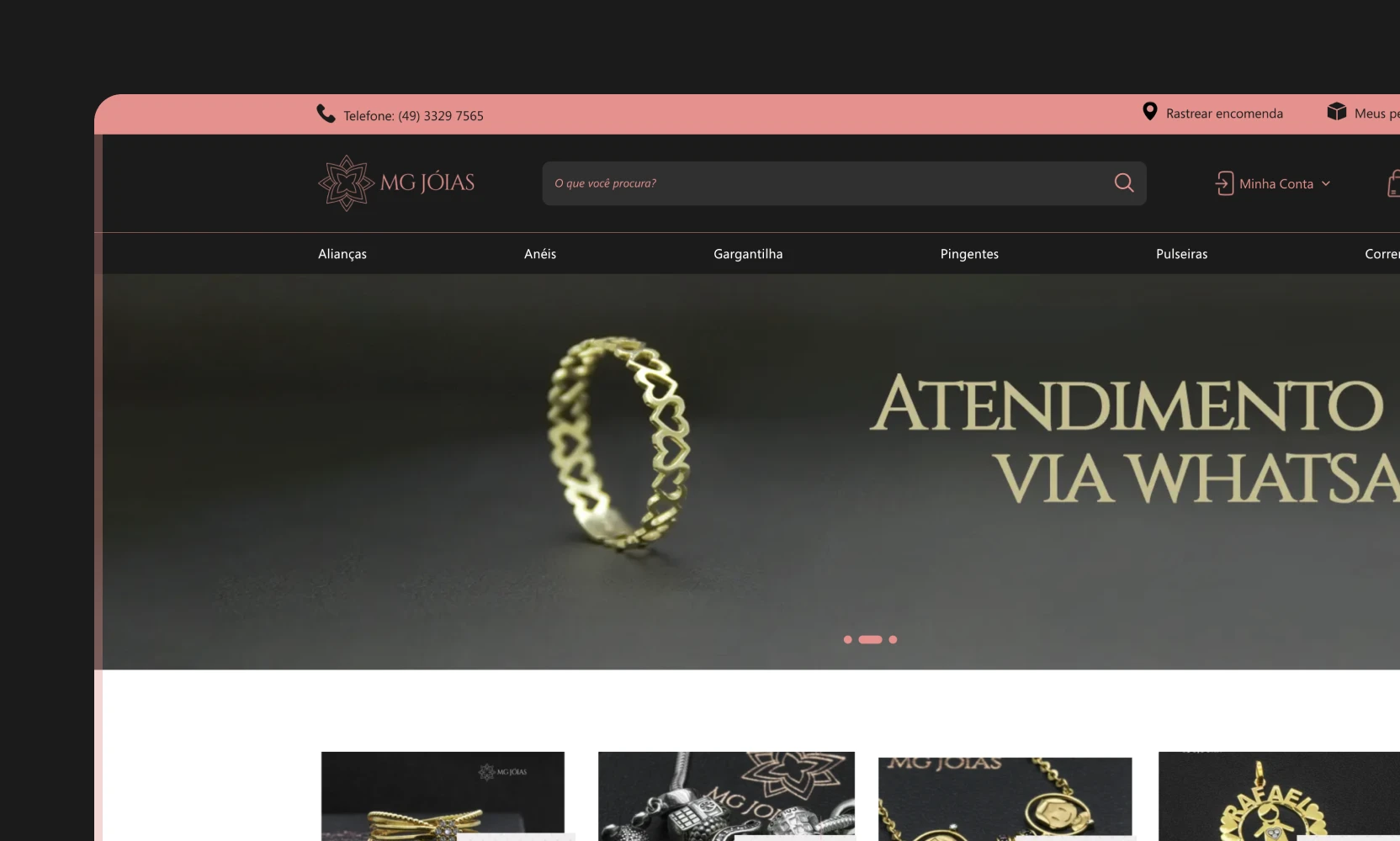 E-commerce desenvolvido para a MG Jóias — loja virtual de joalheria com navegação por categorias, banner de destaque e vitrine de produtos em fundo escuro com identidade em rose gold.