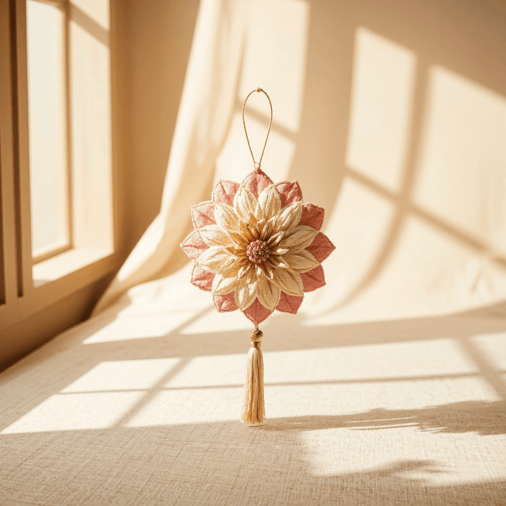 product photography of decorative fabric flower ornament with tassel