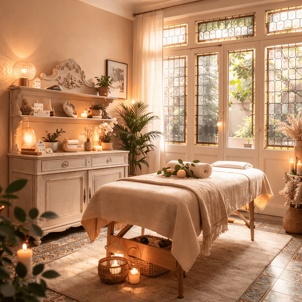 A serene and elegant spa space with wooden reclining chairs and white cushions. Golden sunlight filters through a cascading water feature, creating a peaceful atmosphere. Tropical plants and candles add to the relaxing ambiance.