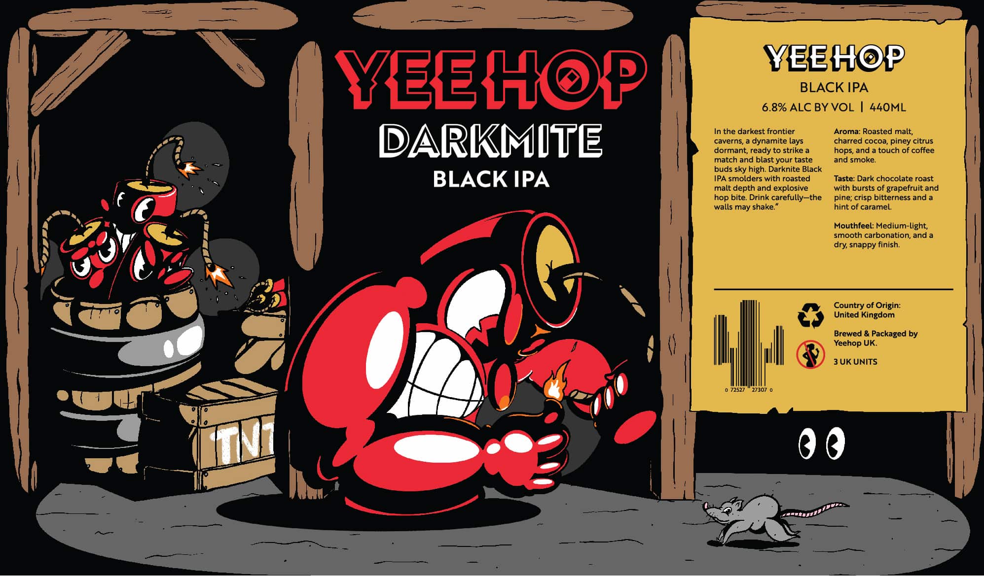 Yeehop Darkmite Black IPA label artwork, featuring a menacing dynamite character in a rubber-hose-style art style with a wild west theme.