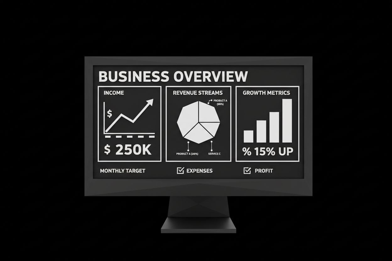 Panel financiero con ingresos y gráficos de crecimiento