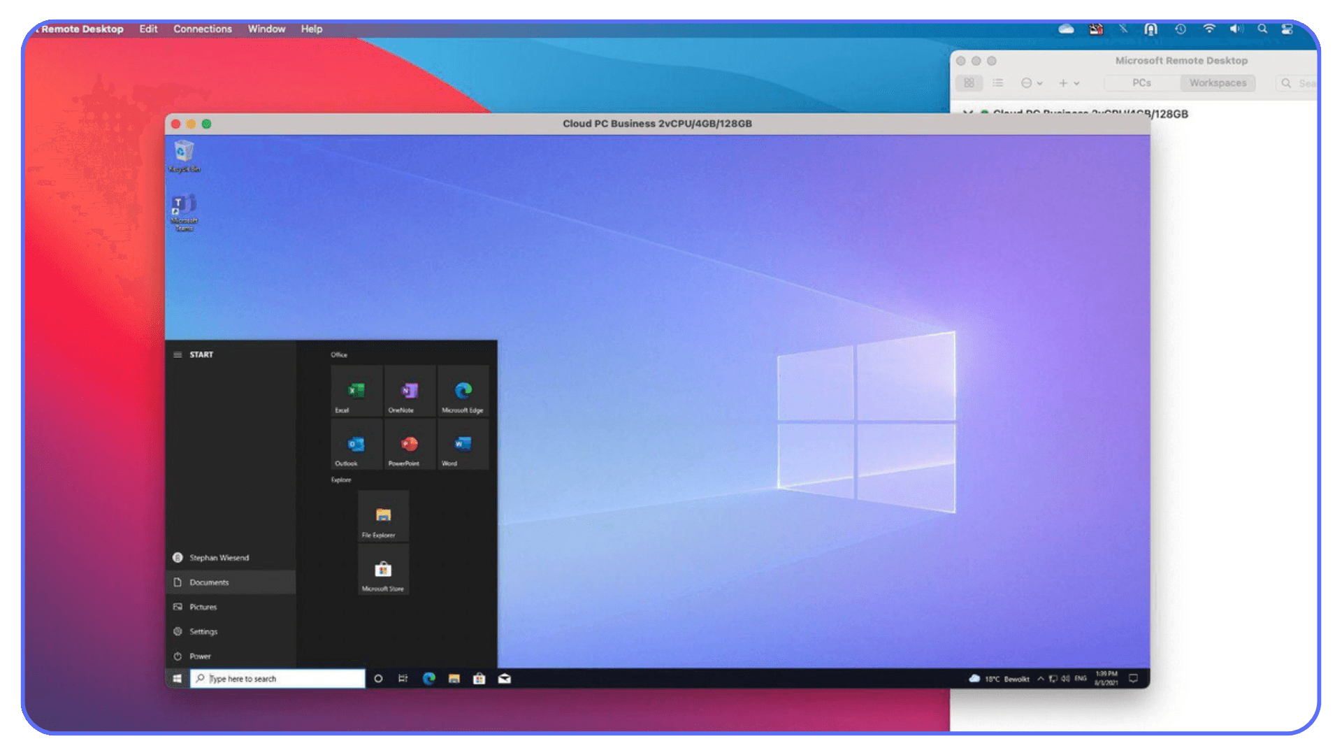 Windows desktop interface running on a Mac using Remote Desktop connection.