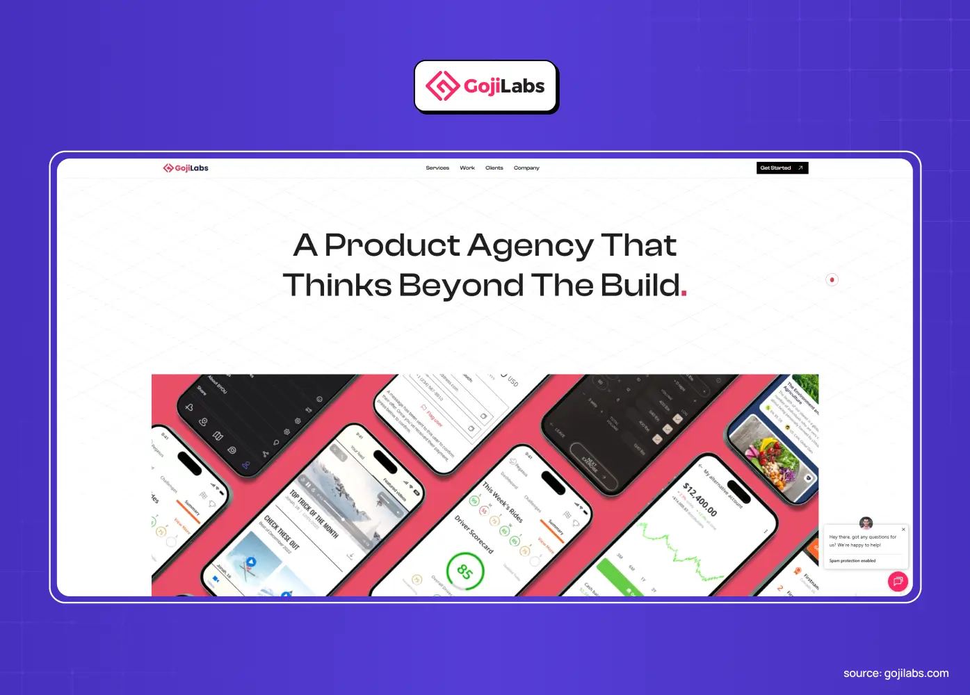 Goji Labs website featuring the headline “A Product Agency That Thinks Beyond The Build” with multiple mobile app interface mockups.