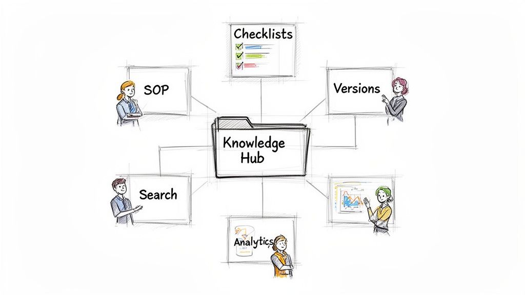 Hand-drawn diagram of a Knowledge Hub centralizing SOPs, checklists, versions, search, and analytics.