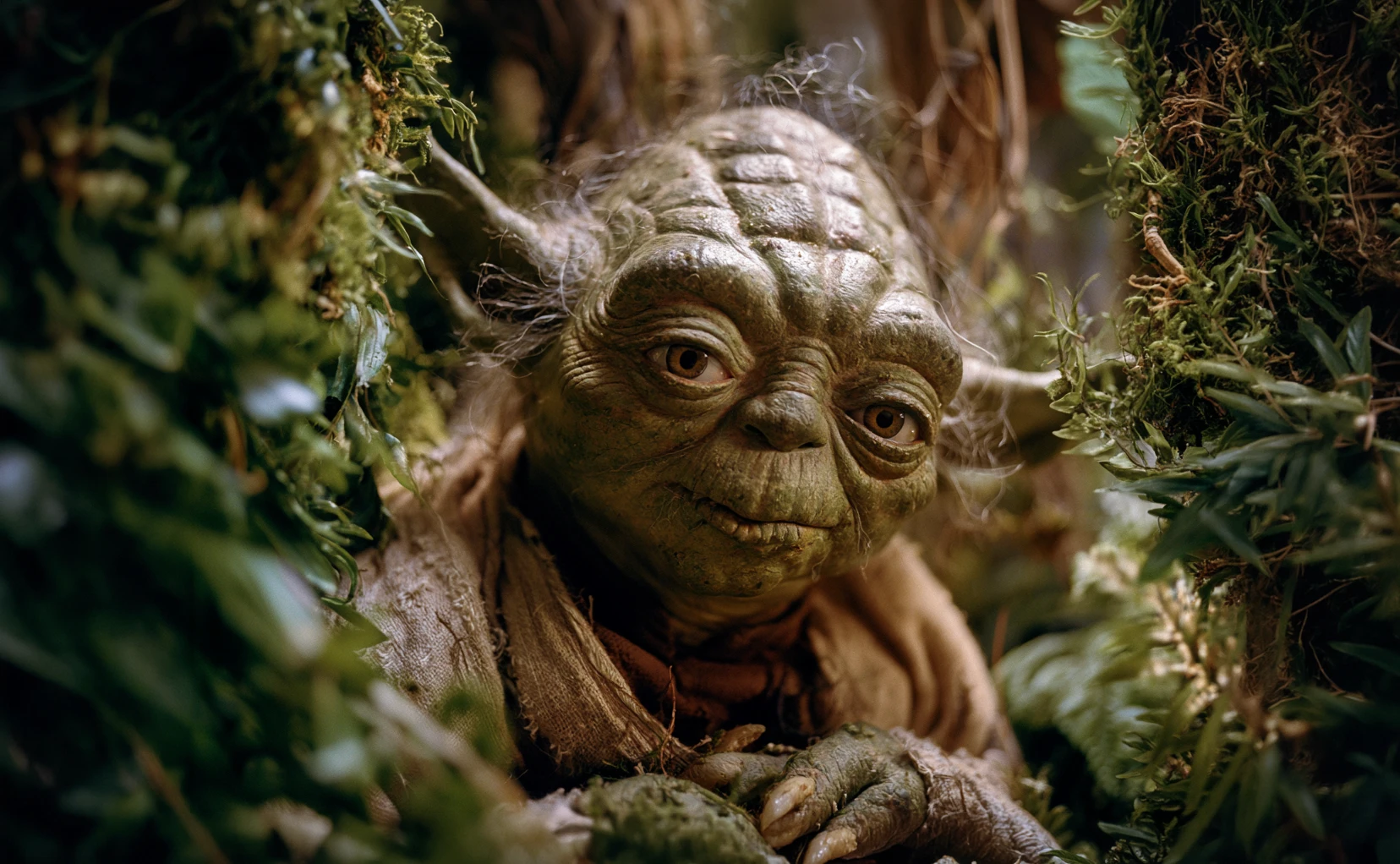 yoda in the swamp forest looking at you deep in the eyes