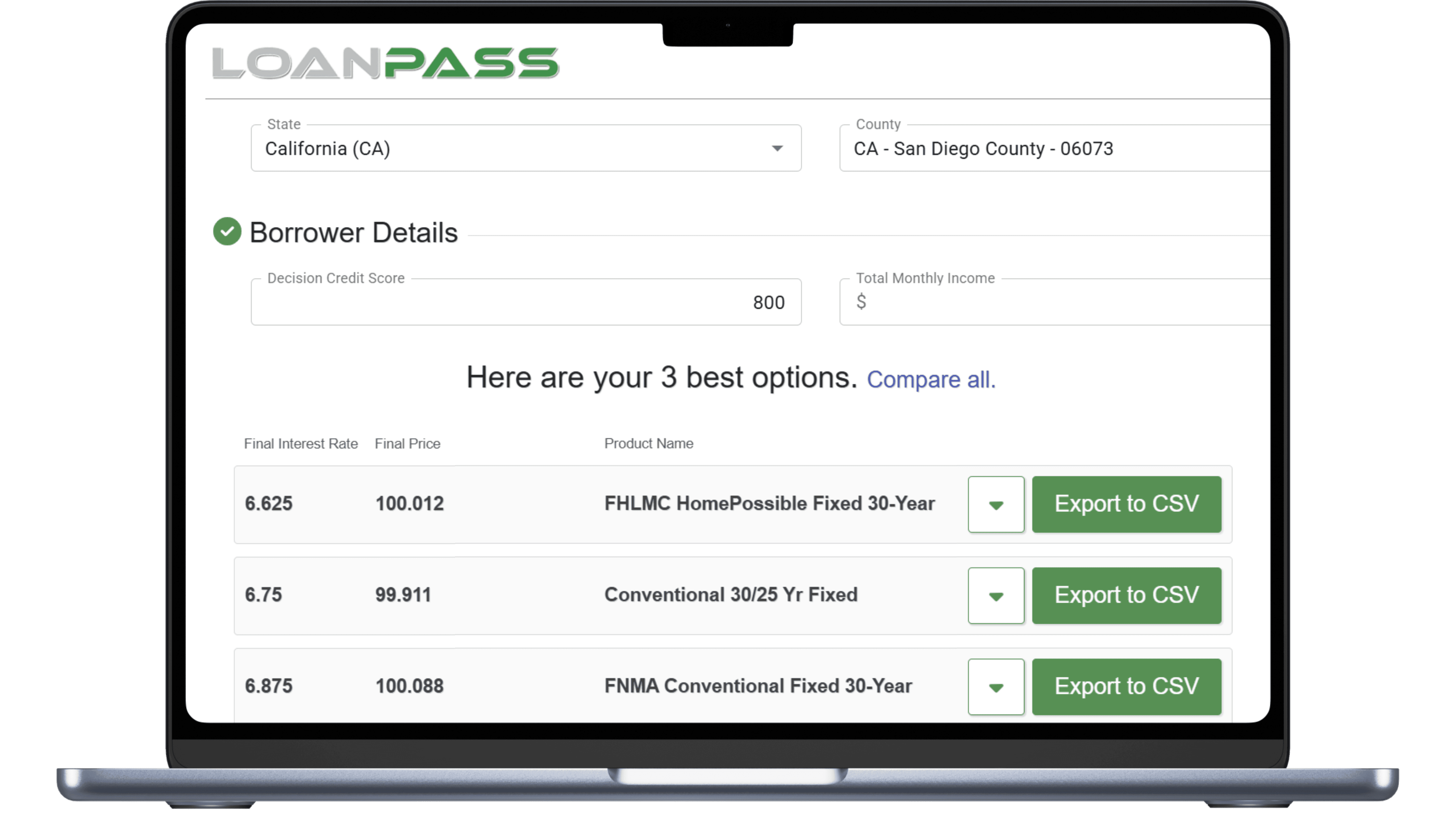 Laptop displaying LoanPASS' new feature, the Quick Pricer.