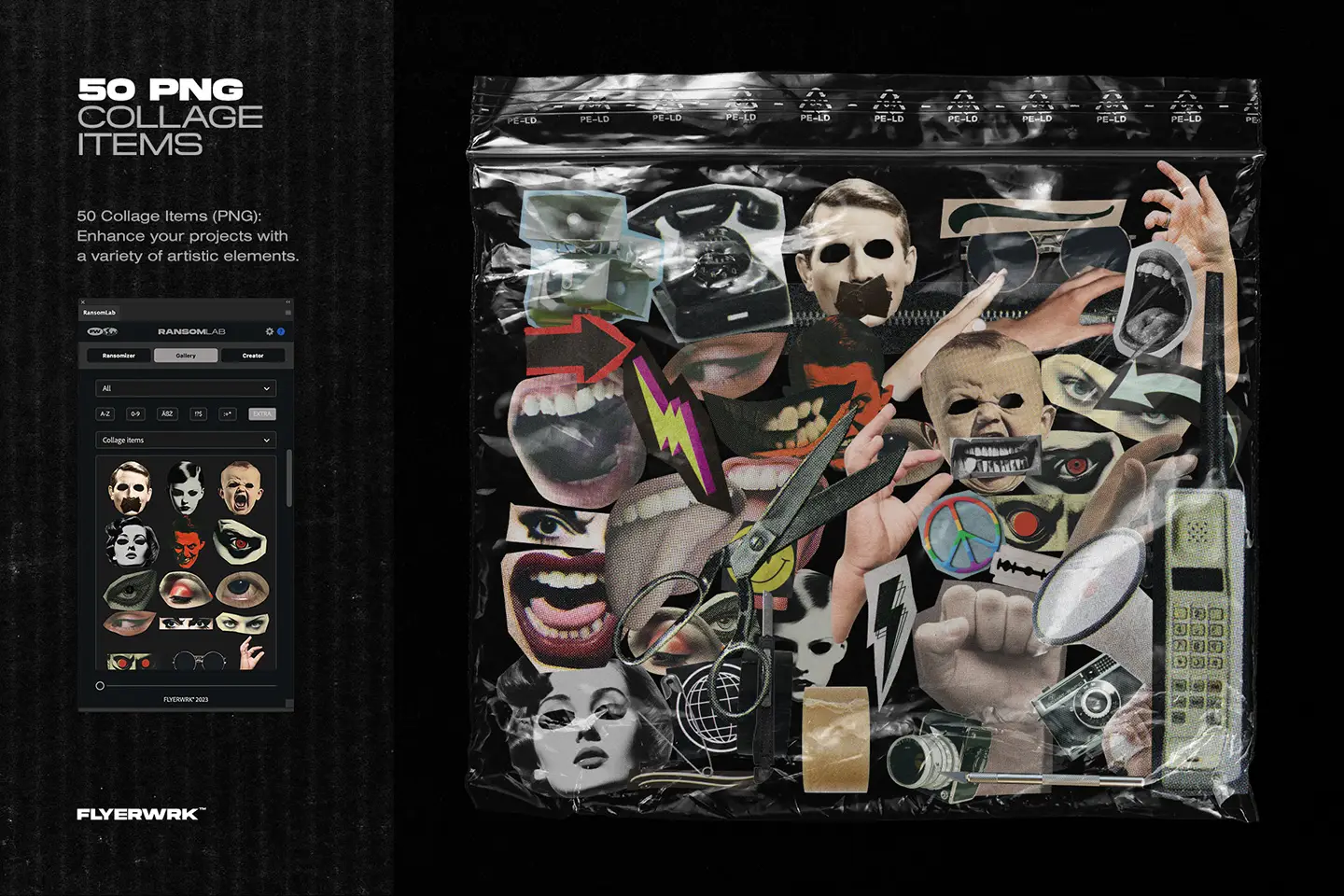 RansomLab collection of fifty collage items including retro faces objects and vintage cut out illustrations