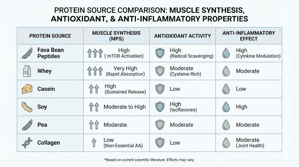 Fava bean peptides comparison chart versus whey casein soy pea and collagen protein sources