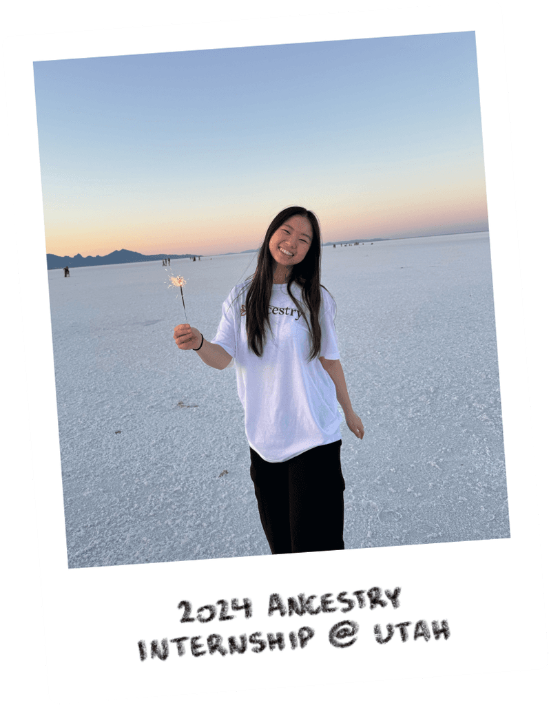 Photo of Vivian holding a sparkler at the Utah Salt Flats. It reads: "2024 Ancestry Internship @ Utah"