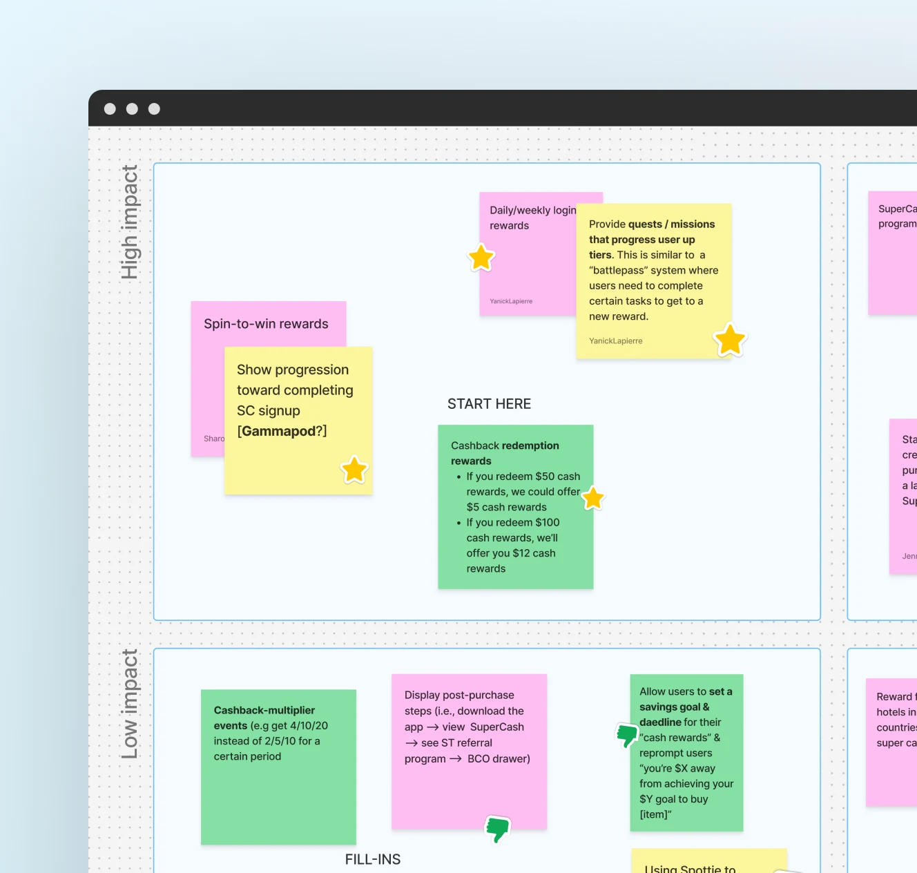 UX workshop board showing sticky notes grouped by impact, highlighting ideas like quests and missions to improve Super.com’s reward system and boost user progression clarity.