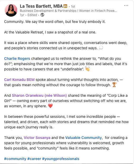 Post on LinkedIn describing a participant’s key learning moments at The Valuable Retreat.