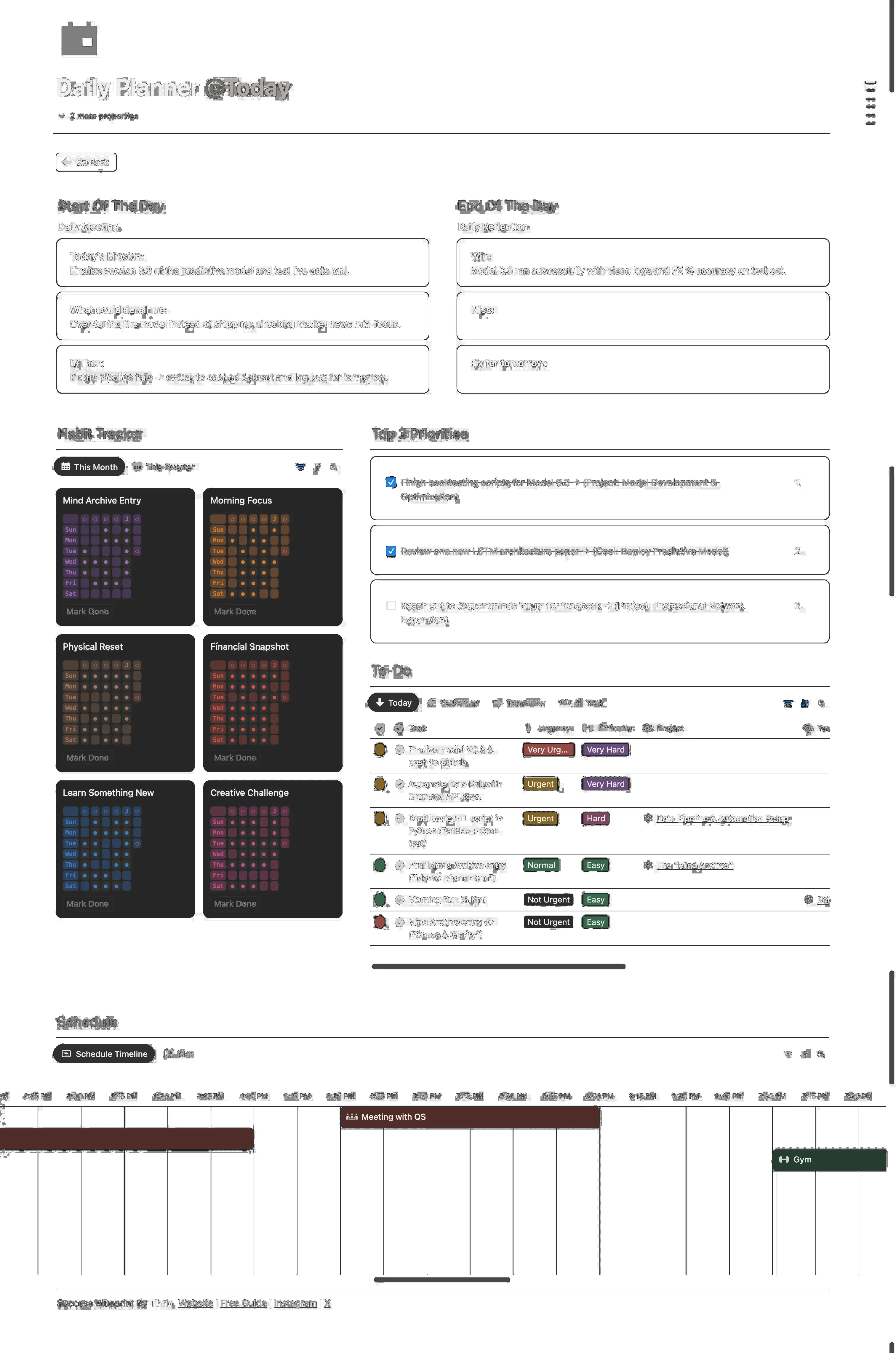 Thriv Notion daily planner preview with schedule, tasks, and reflection sections