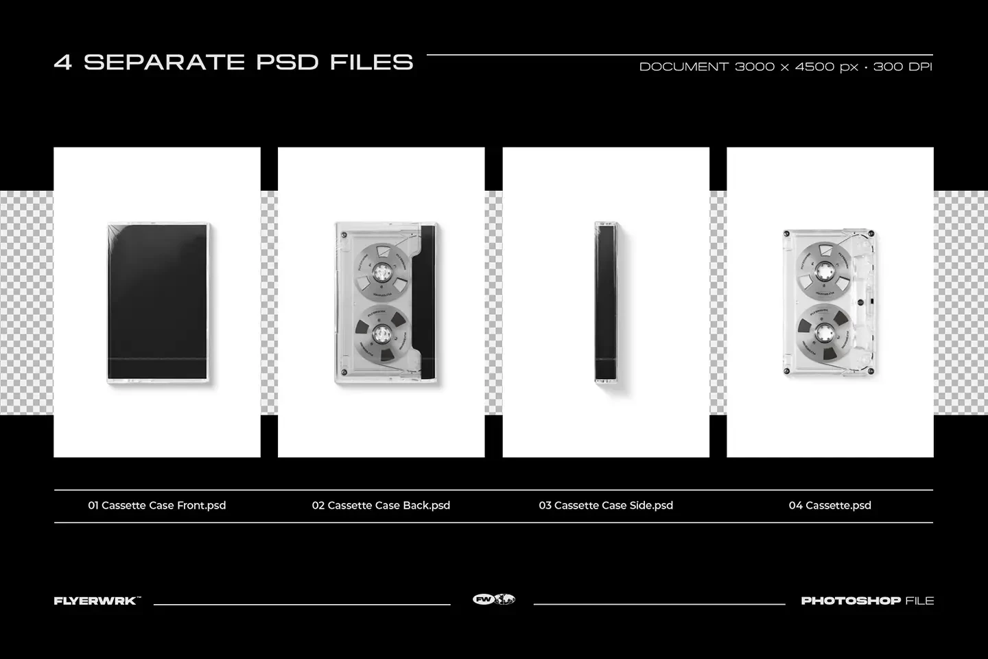 Cassette case mockup showing four separate PSD files for cassette case views