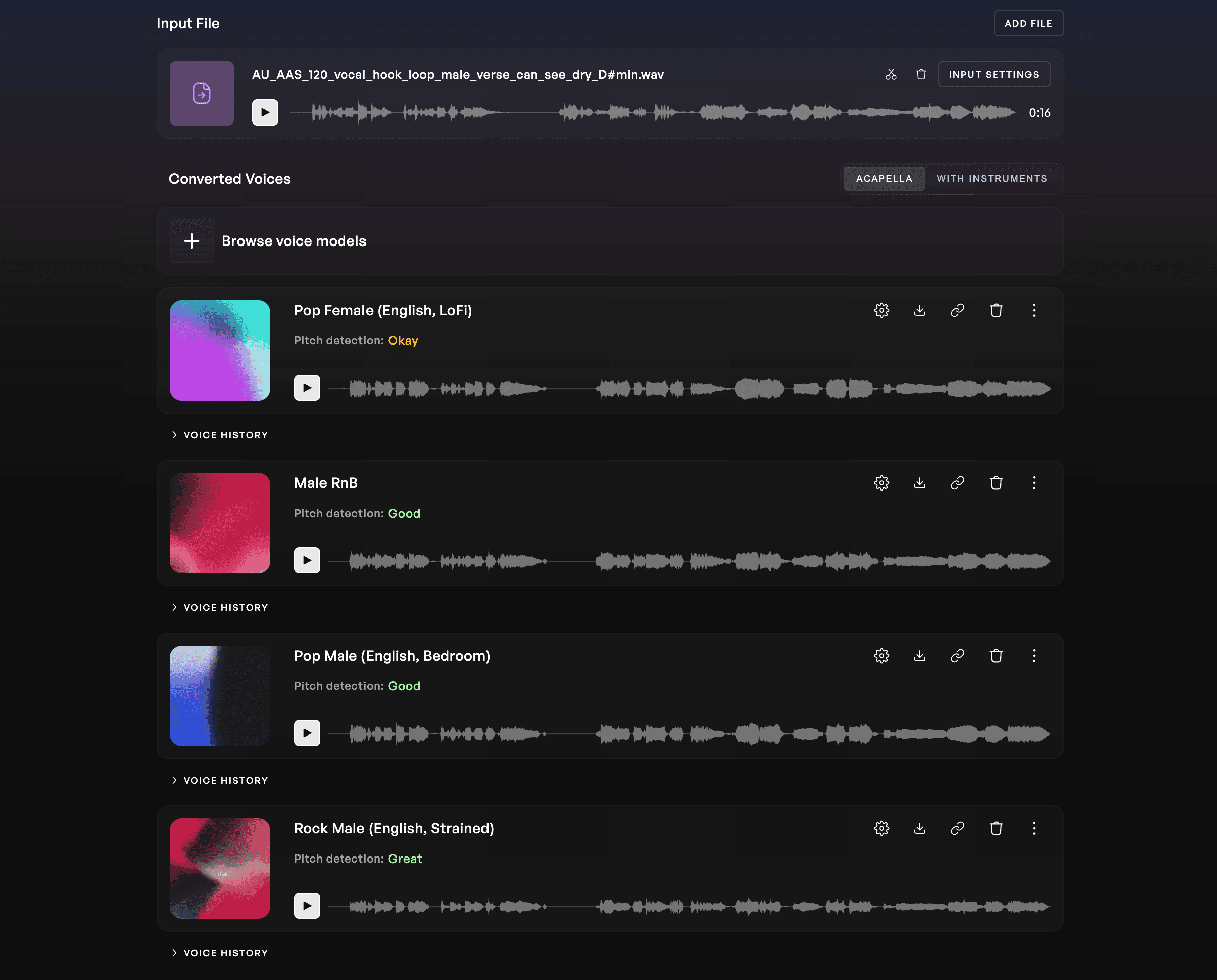 The Kits AI voice changer studio page with a demo audio and converted vocals featuring the Male Soul Flanger and Female LoFi voice models.