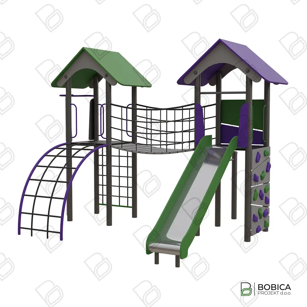 Veliko kombinirano dječje igralo s dva tornja, mostom i toboganom od nehrđajućeg čelika – profesionalna oprema za igrališta – Bobica Projekt