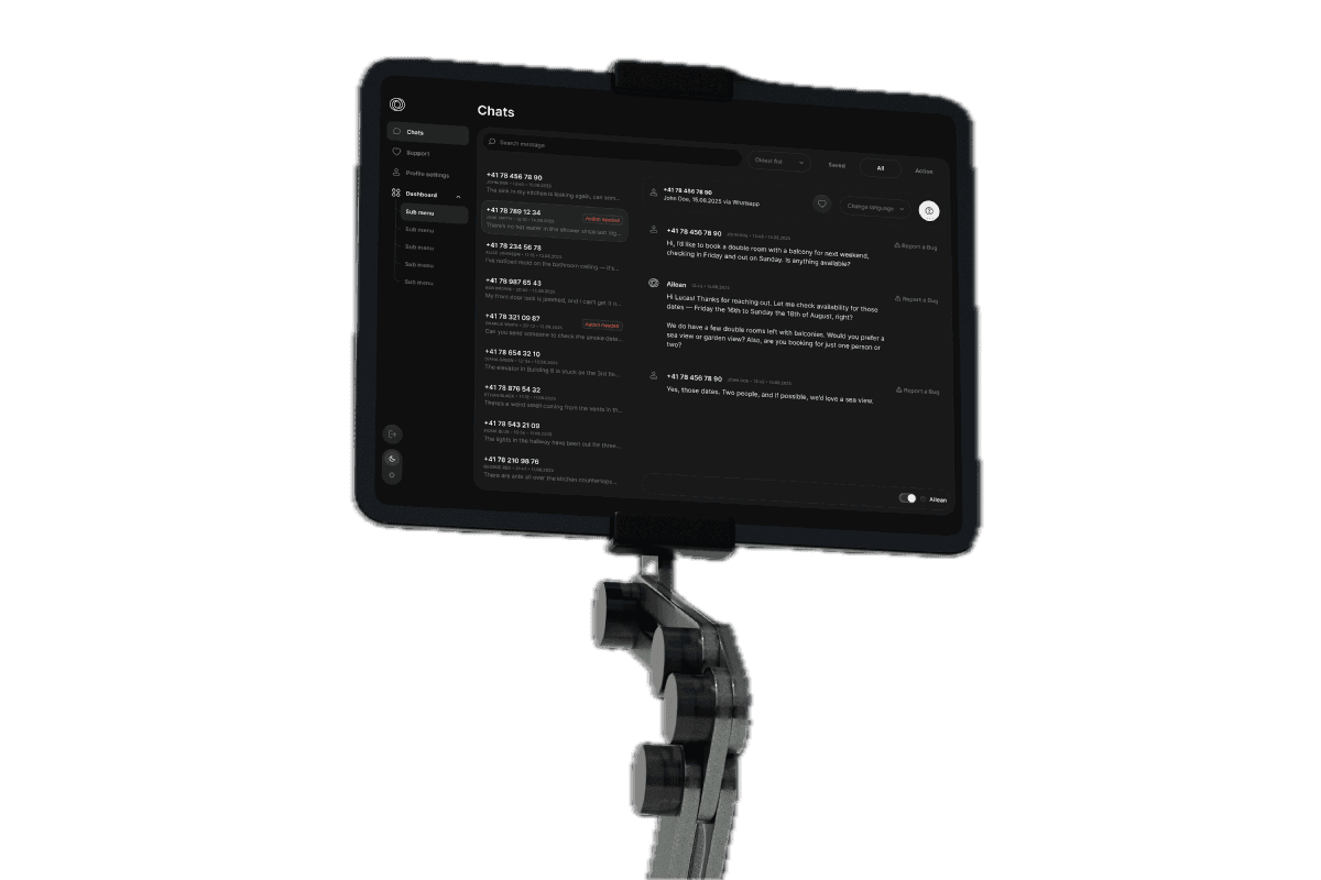 Screenshot of the Ailean WhatsApp-based AI concierge admin panel