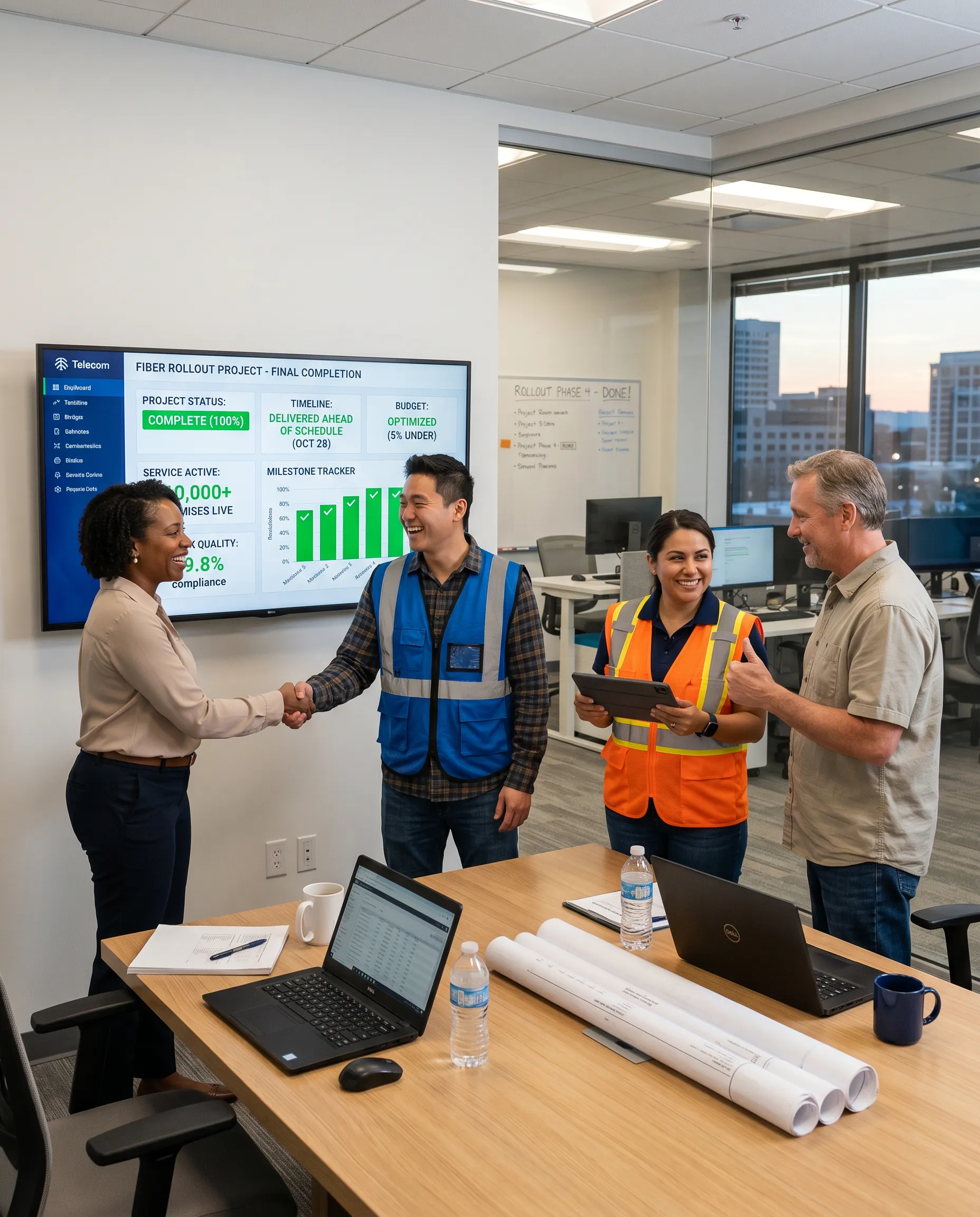 Team in a solar company meeting reviewing project performance dashboards and analytics with solar panels visible outside.